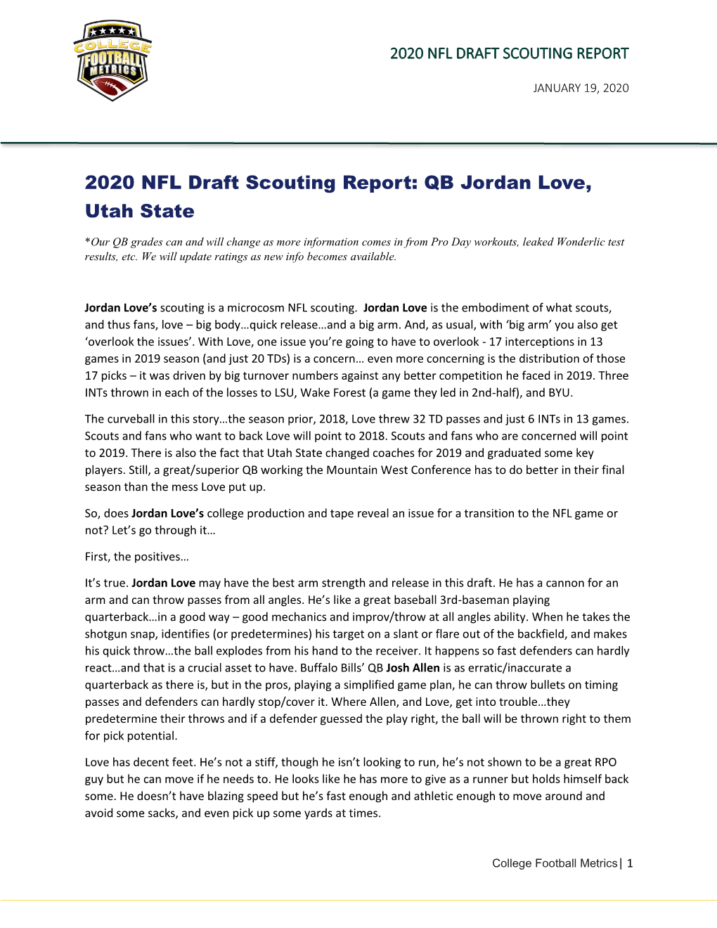 2020 NFL Draft Scouting Report: QB Jordan Love, Utah State