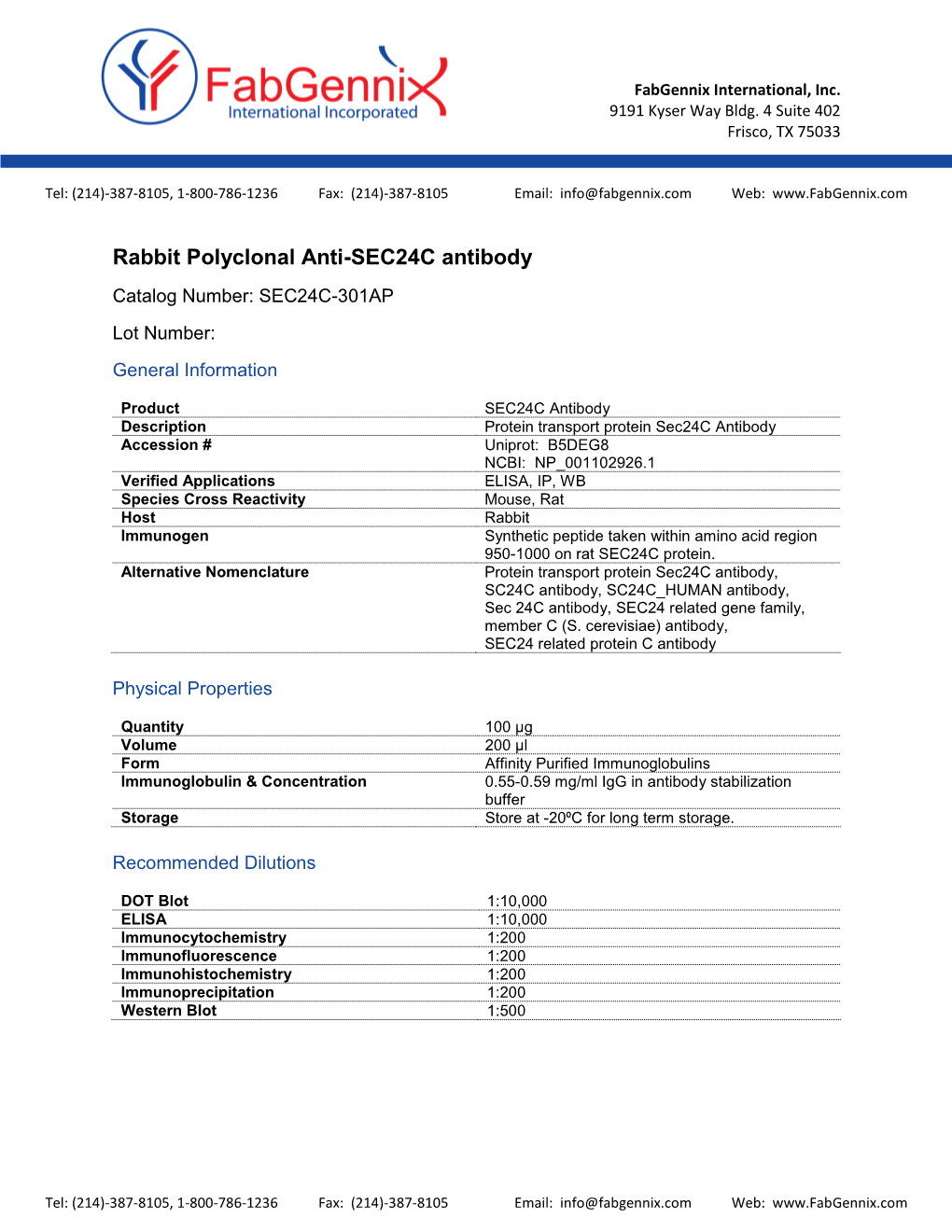 SEC24C Antibody Catalog Number: SEC24C-301AP Lot Number: General Information