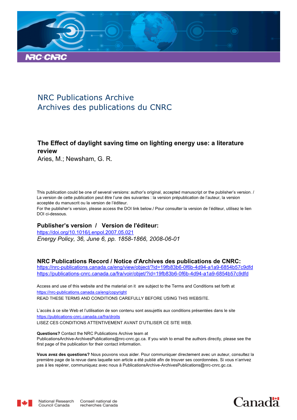 The Effect of Daylight Saving Time on Lighting Energy Use: a Literature Review Aries, M.; Newsham, G