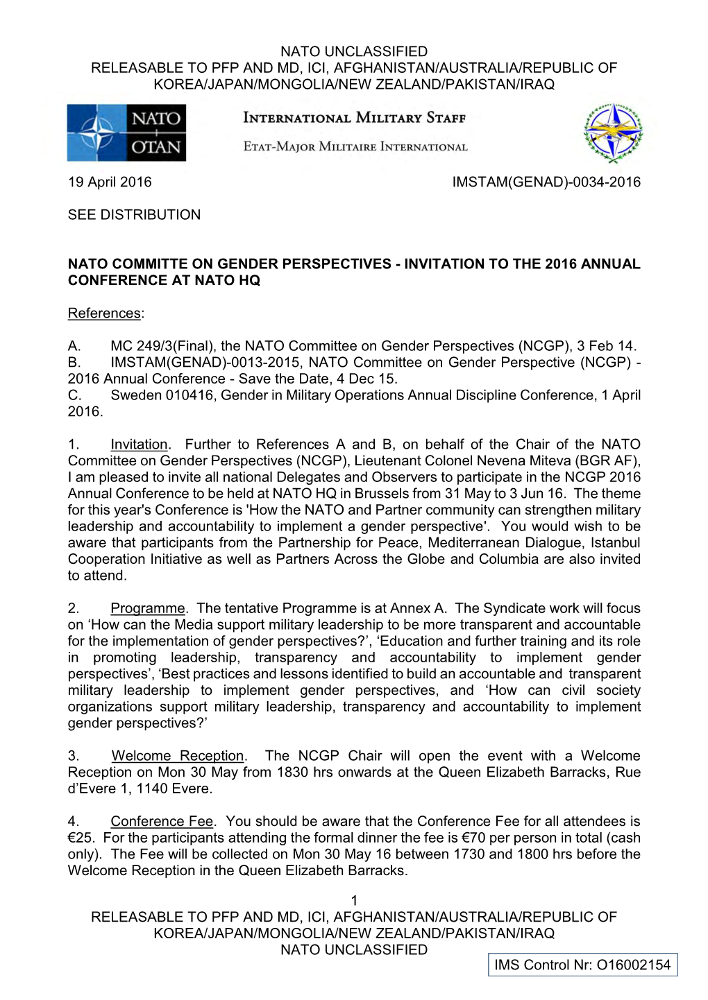 Nato Unclassified Releasable to Pfp and Md, Ici, Afghanistan/Australia/Republic of Korea/Japan/Mongolia/New Zealand/Pakistan/Iraq