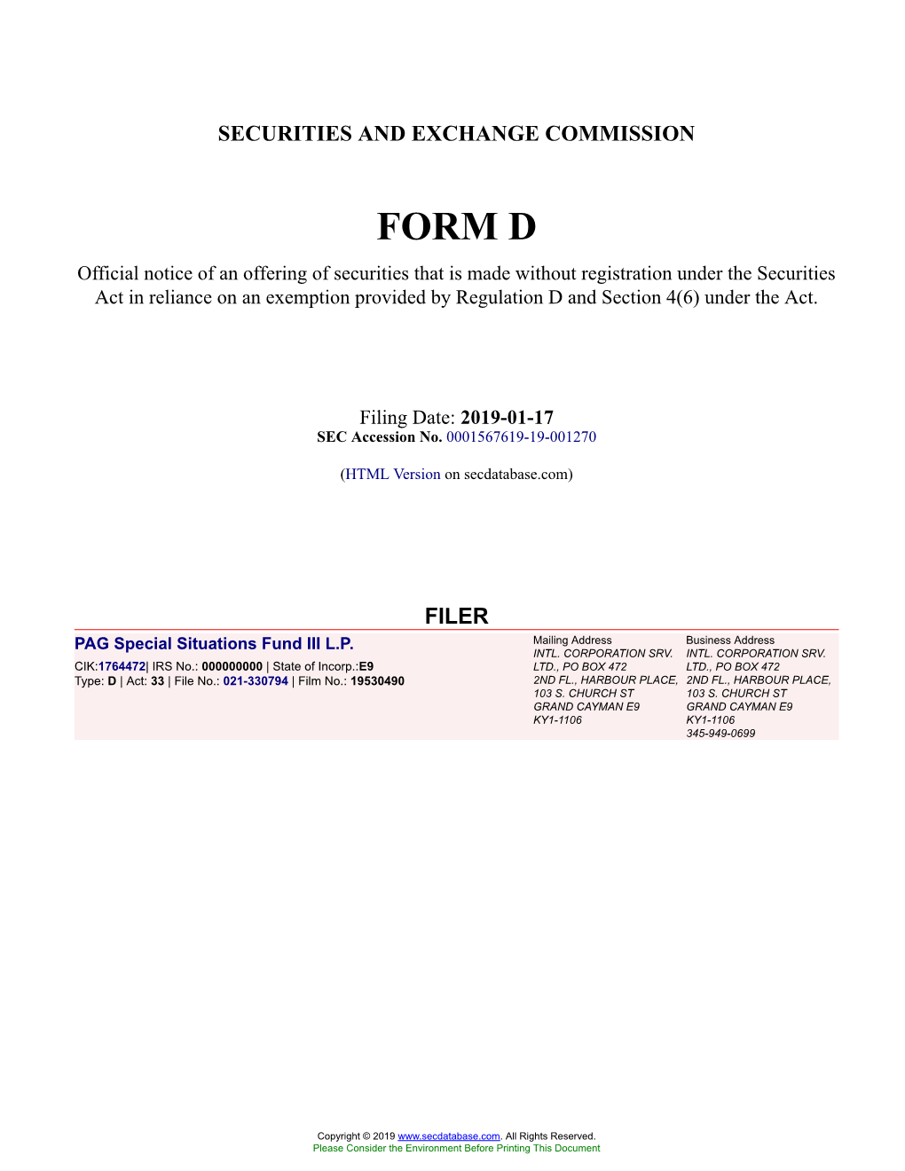 PAG Special Situations Fund III L.P. Form D Filed 2019-01-17