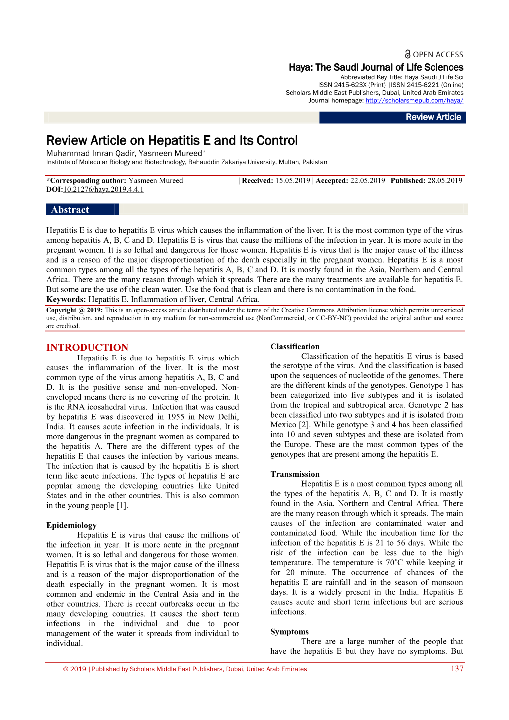 Review Article on Hepatitis E and Its Control