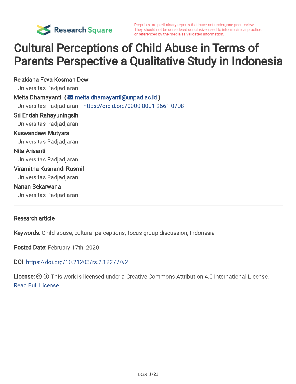 Cultural Perceptions of Child Abuse in Terms of Parents Perspective a Qualitative Study in Indonesia