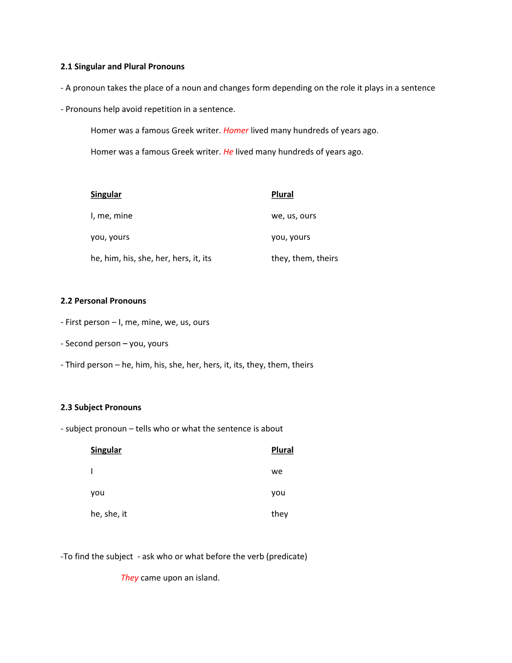 2.1 Singular and Plural Pronouns