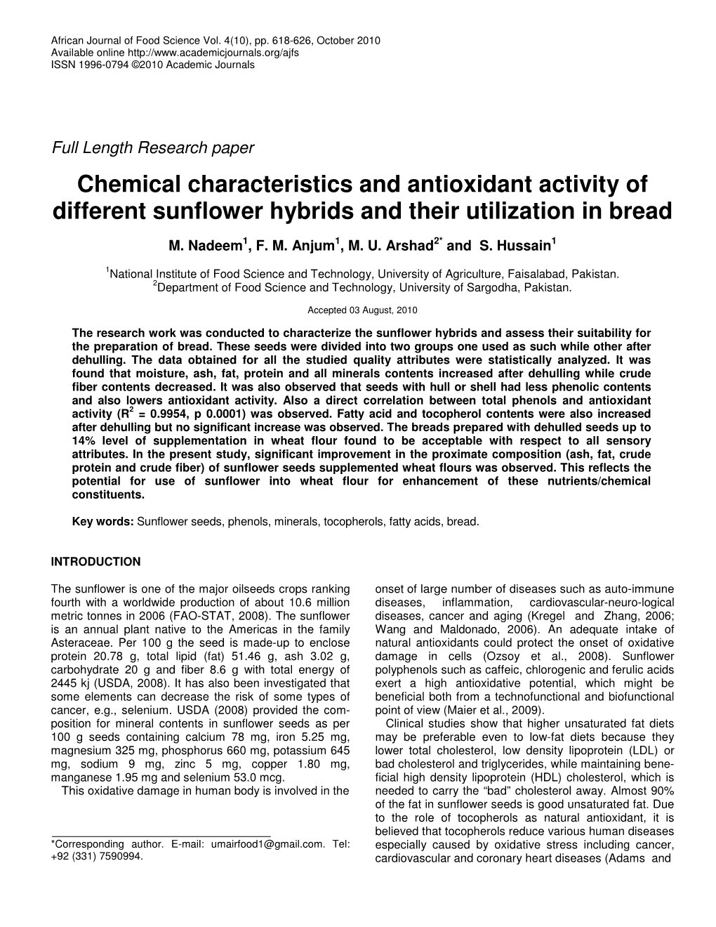 Chemical Characteristics and Antioxidant Activity of Different Sunflower Hybrids and Their Utilization in Bread
