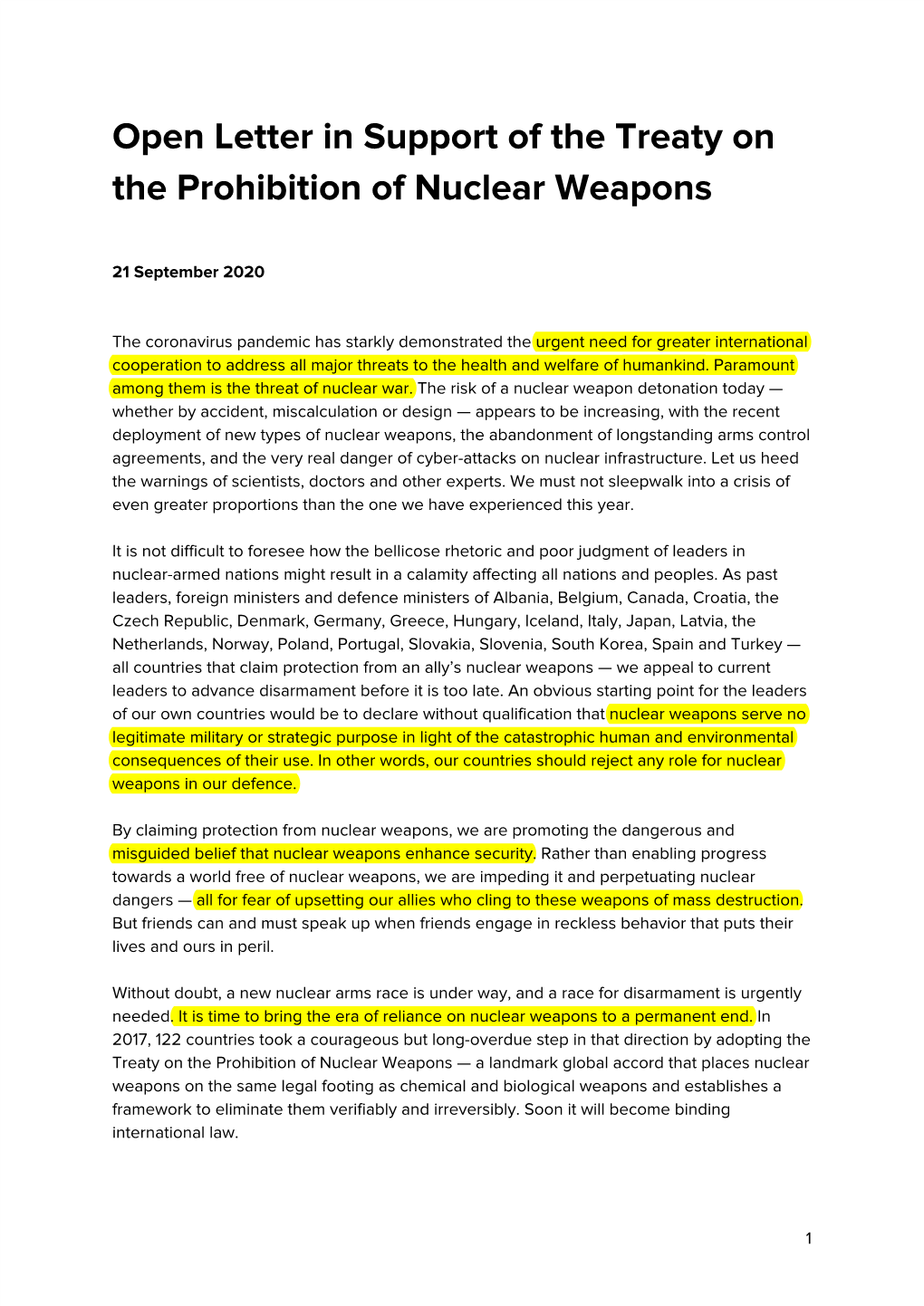 Open Letter in Support of the Treaty on the Prohibition of Nuclear Weapons