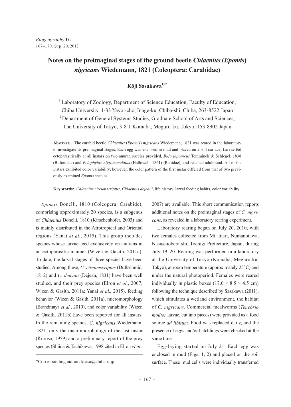 Notes on the Preimaginal Stages of the Ground Beetle Chlaenius (Epomis) Nigricans Wiedemann, 1821 (Coleoptera: Carabidae)