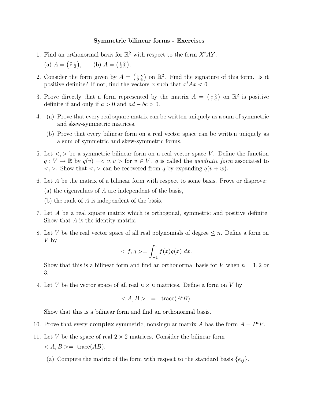 Symmetric Bilinear Forms - Exercises