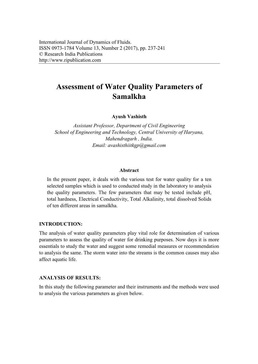 Assessment of Water Quality Parameters of Samalkha