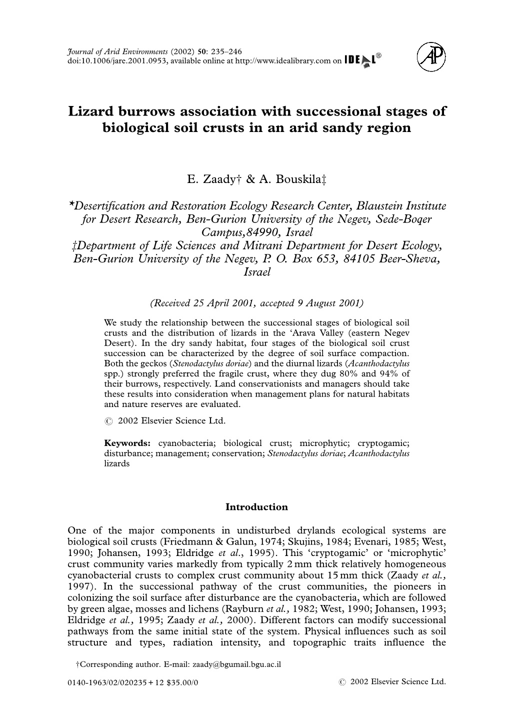 Lizard Burrows Association with Successional Stages of Biological Soil Crusts in an Arid Sandy Region