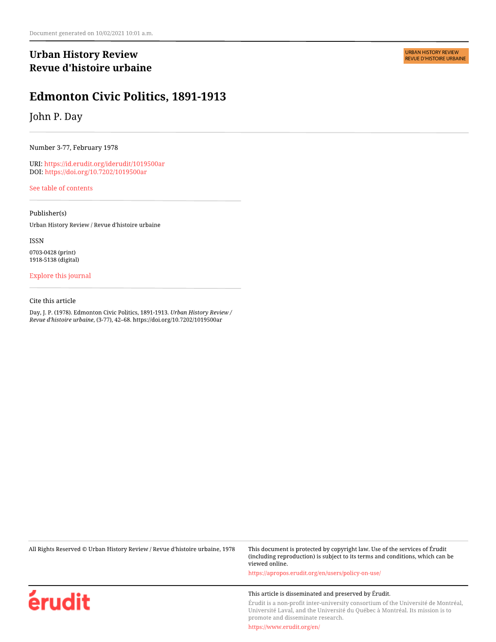 Edmonton Civic Politics, 1891-1913 John P