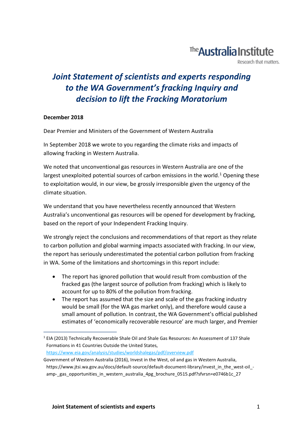 Joint Statement of Scientists and Experts Responding to the WA Government’S Fracking Inquiry and Decision to Lift the Fracking Moratorium