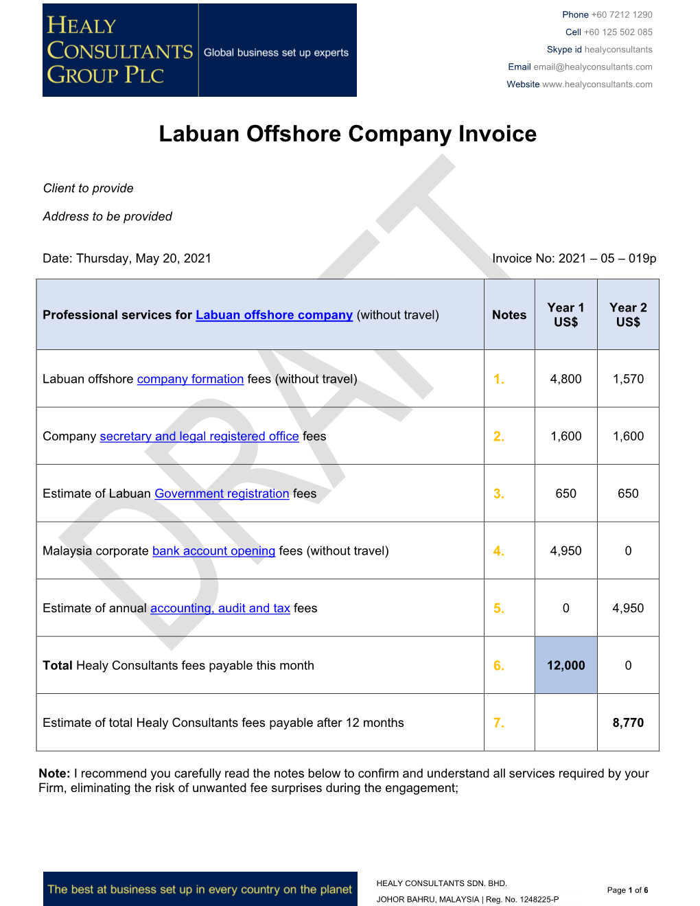 Labuan Offshore Company Invoice