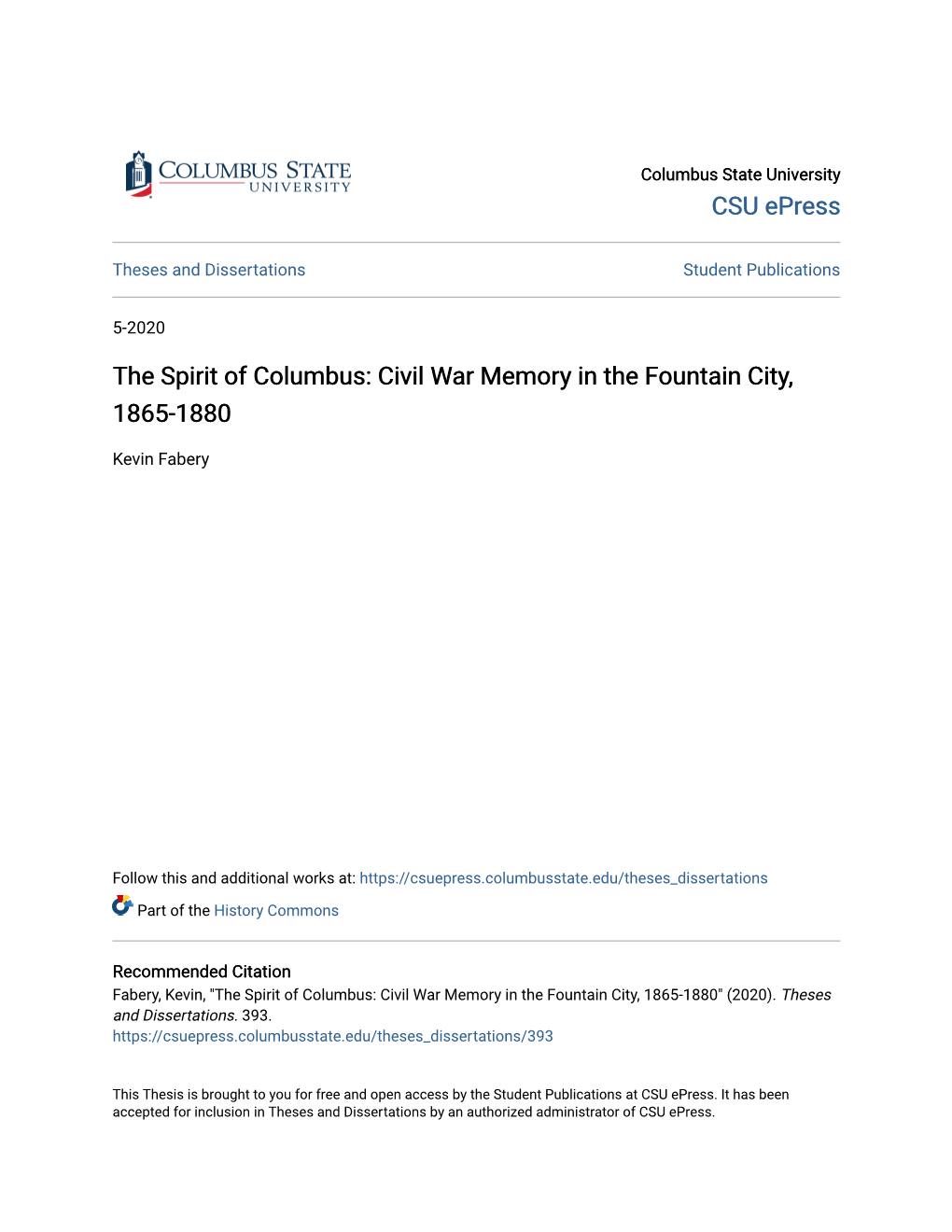 The Spirit of Columbus: Civil War Memory in the Fountain City, 1865-1880