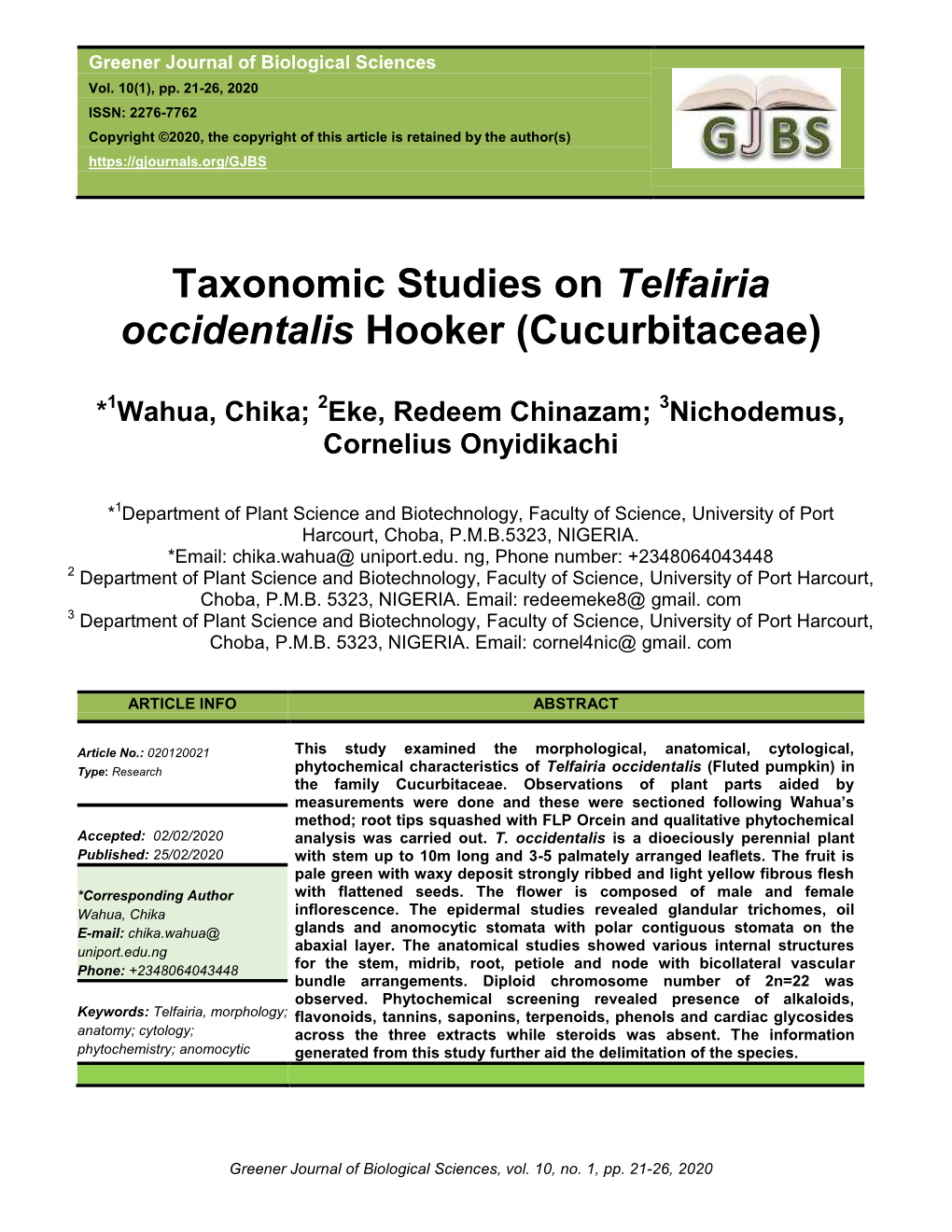 Taxonomic Studies on Telfairia Occidentalis Hooker (Cucurbitaceae)