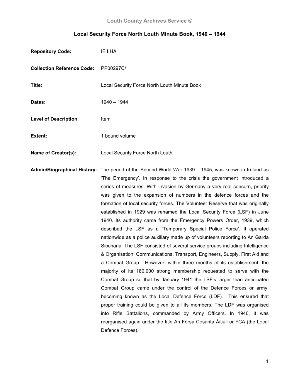 Local Security Force North Louth Minute Book, 1940 – 1944