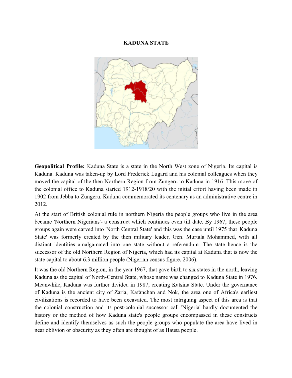 KADUNA STATE Geopolitical Profile