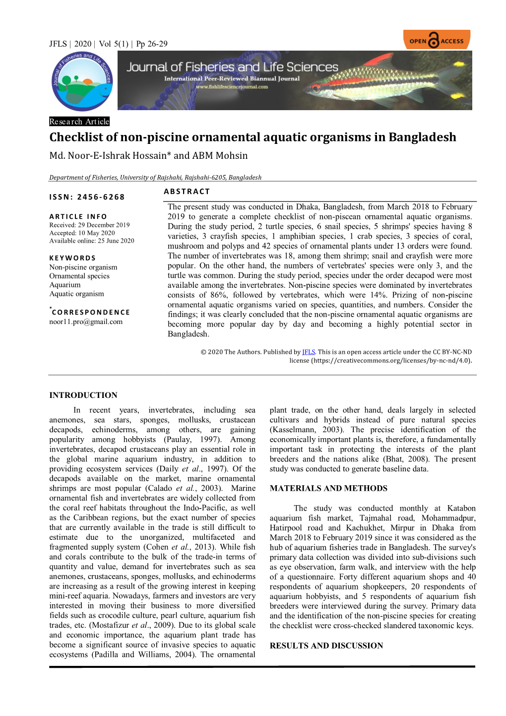 Checklist of Non-Piscine Ornamental Aquatic Organisms in Bangladesh Md