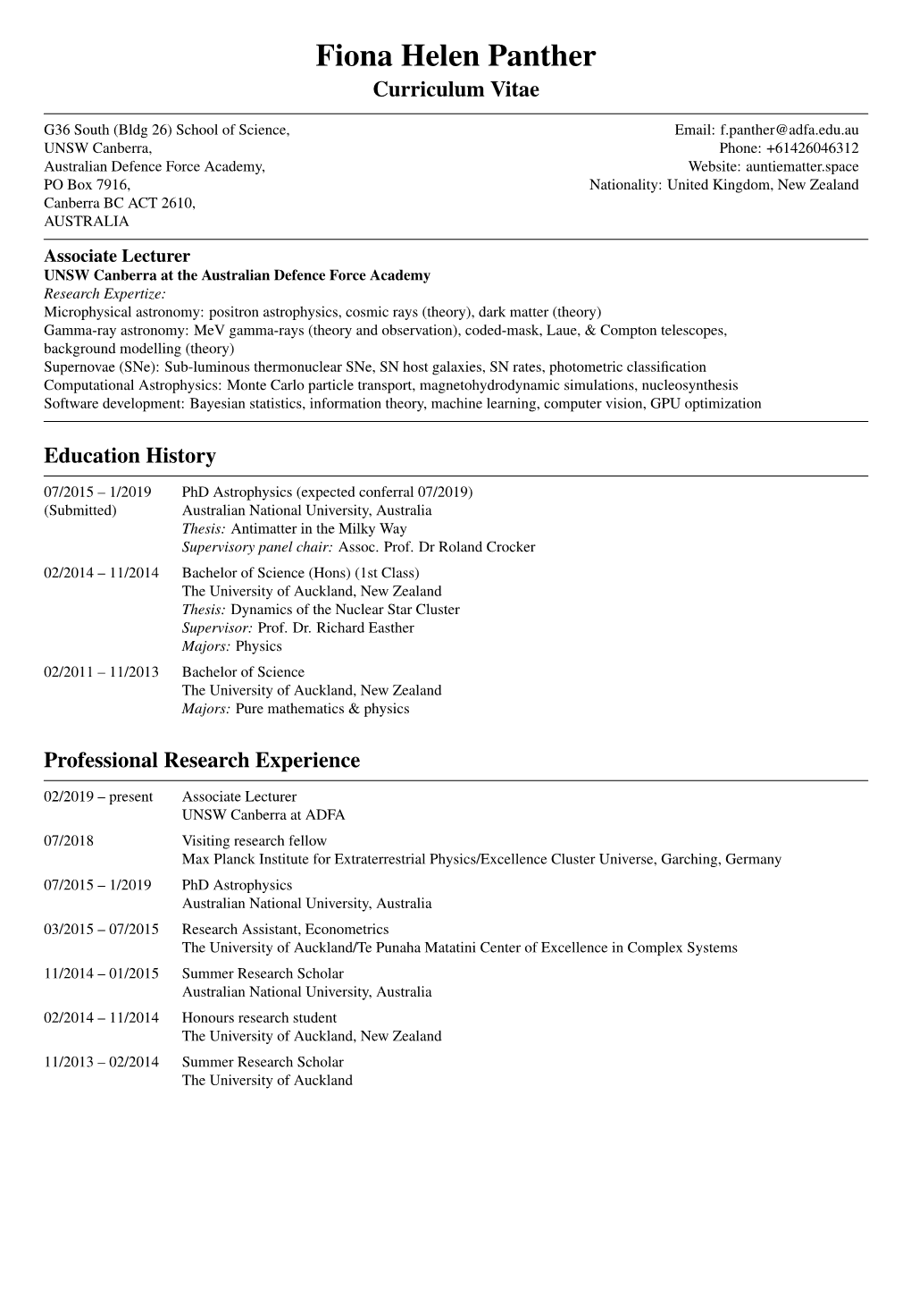 Fiona Helen Panther Curriculum Vitae