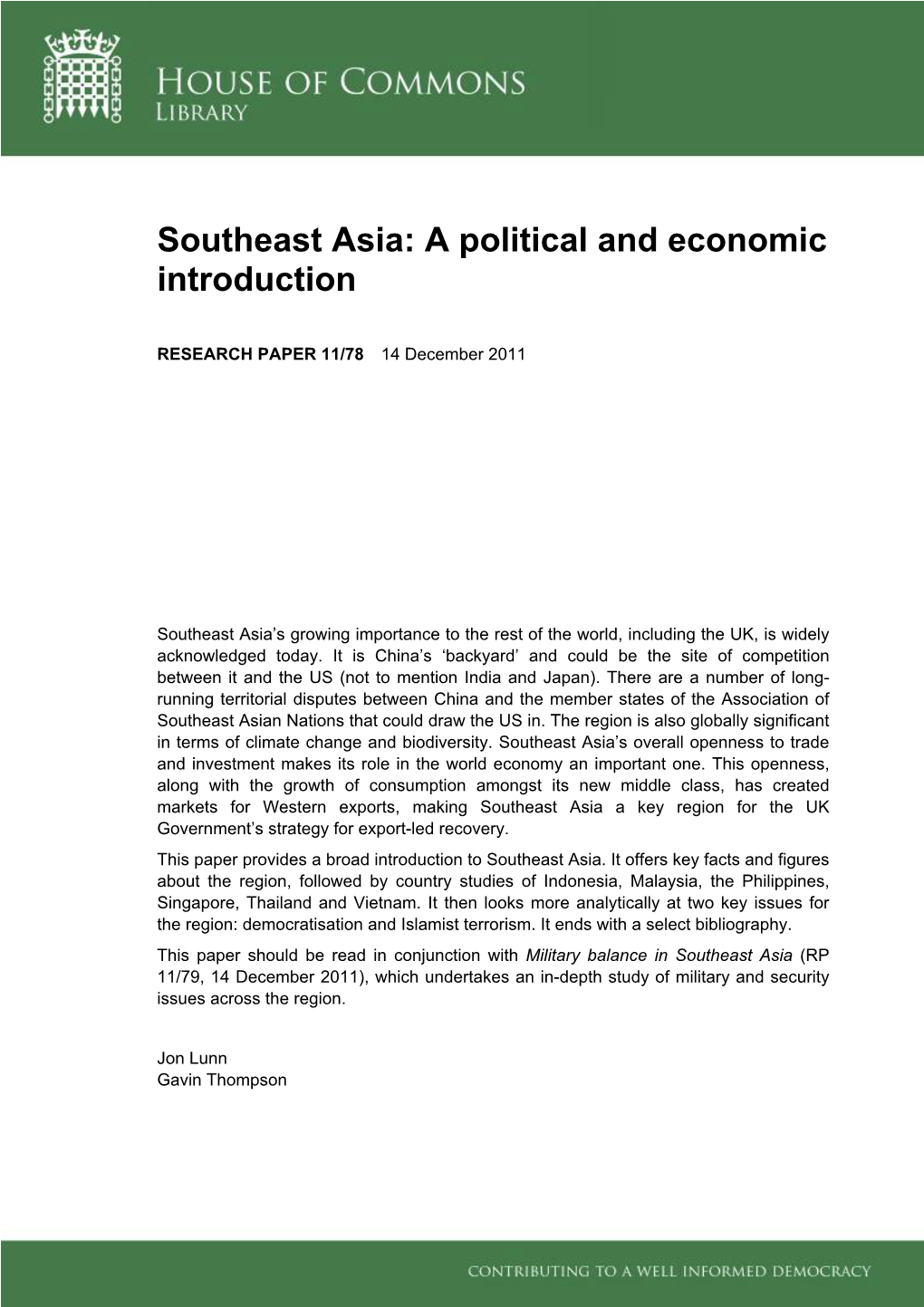 Southeast Asia: a Political and Economic Introduction