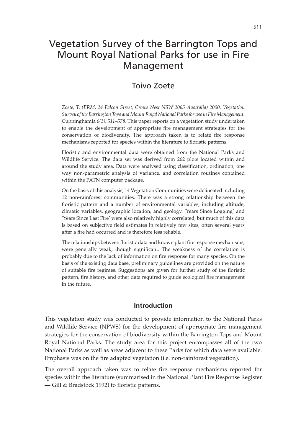 Vegetation Survey of the Barrington Tops and Mount Royal National Parks for Use in Fire Management