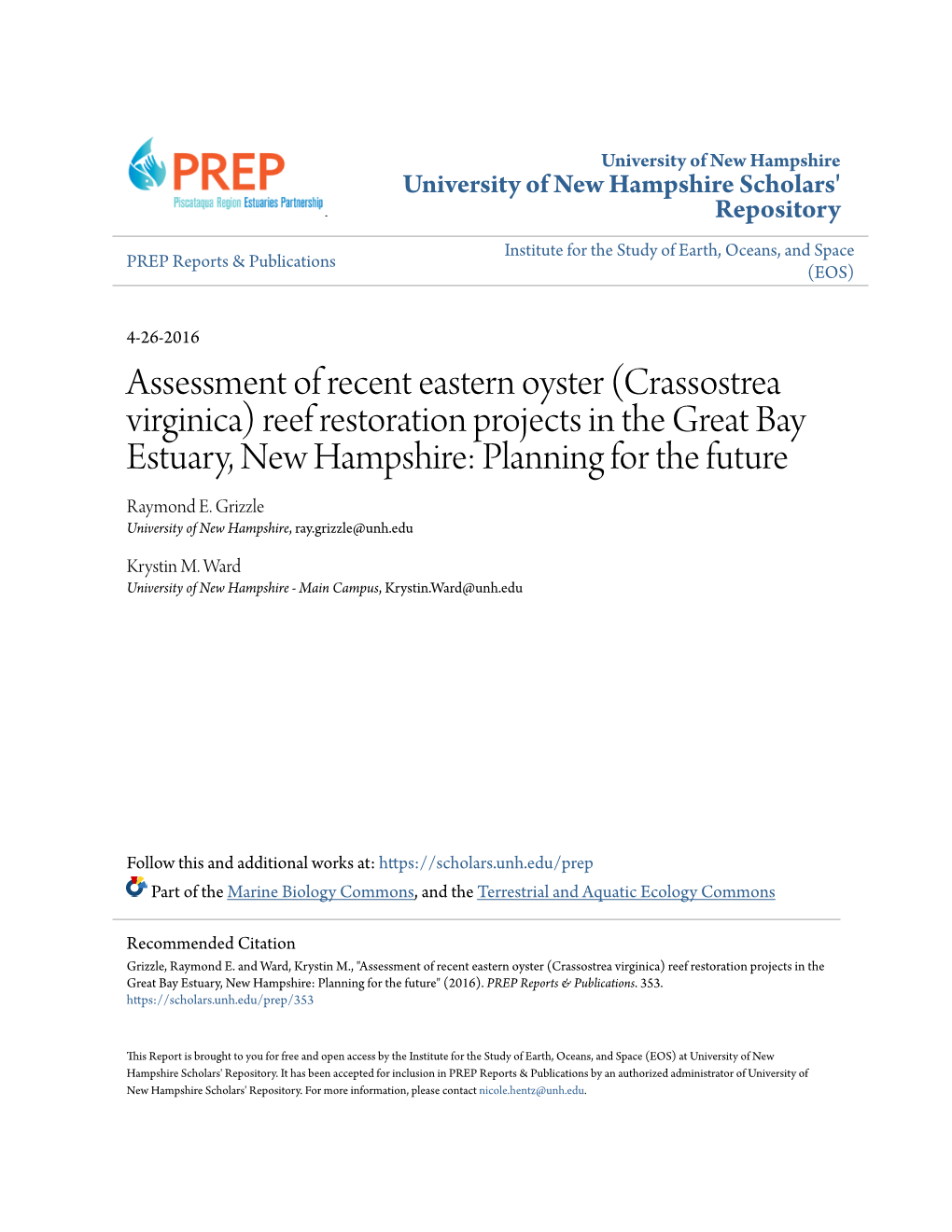 Reef Restoration Projects in the Great Bay Estuary, New Hampshire: Planning for the Future Raymond E