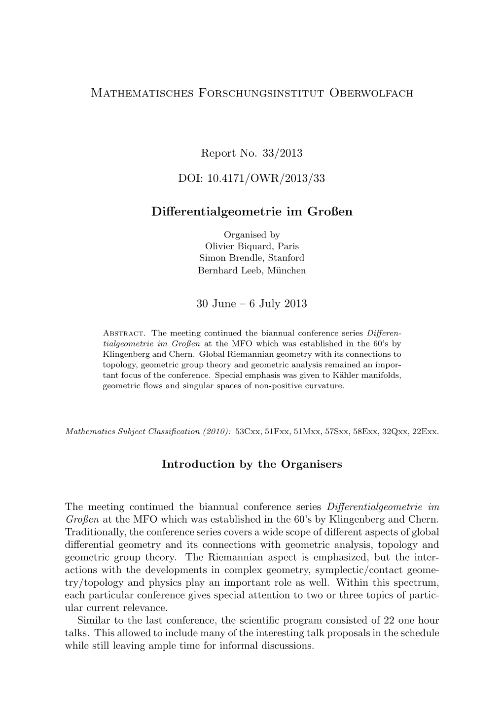 Mathematisches Forschungsinstitut Oberwolfach Differentialgeometrie Im Großen