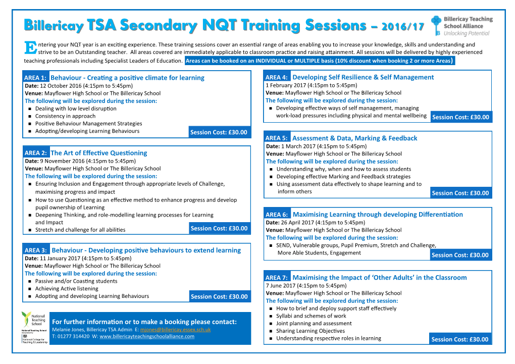 Billericay TSA Secondary NQT Training Sessions 2016/17