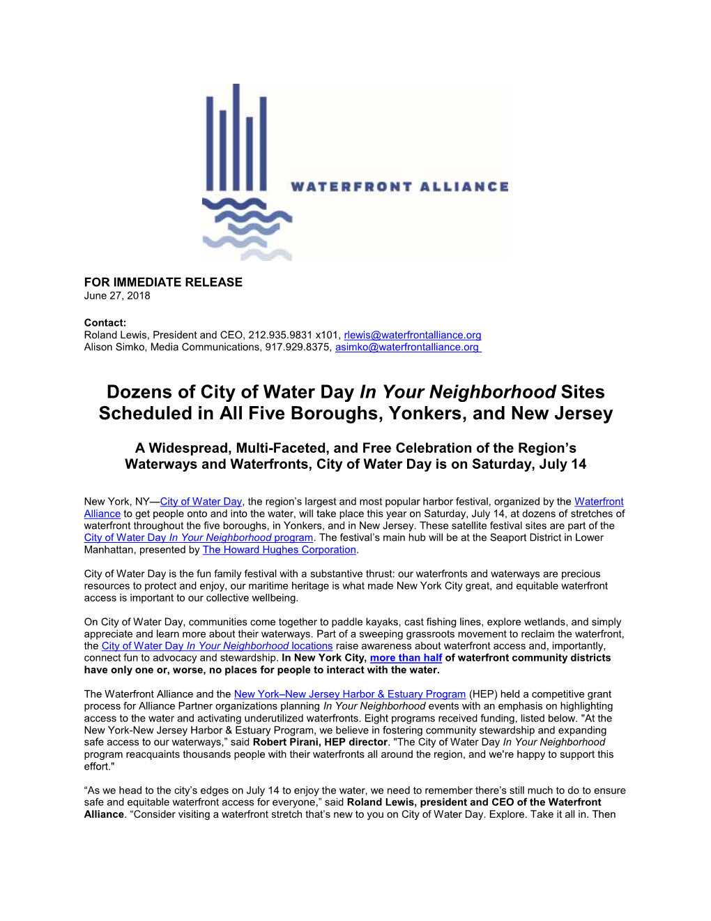 Dozens of City of Water Day in Your Neighborhood Sites Scheduled in All Five Boroughs, Yonkers, and New Jersey