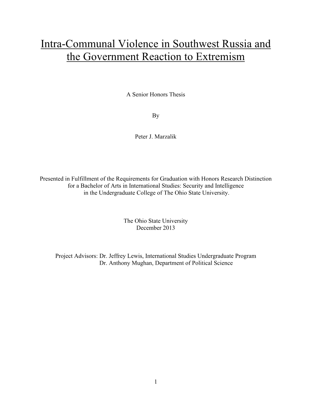 Intra-Communal Violence in Southwest Russia and the Government Reaction to Extremism