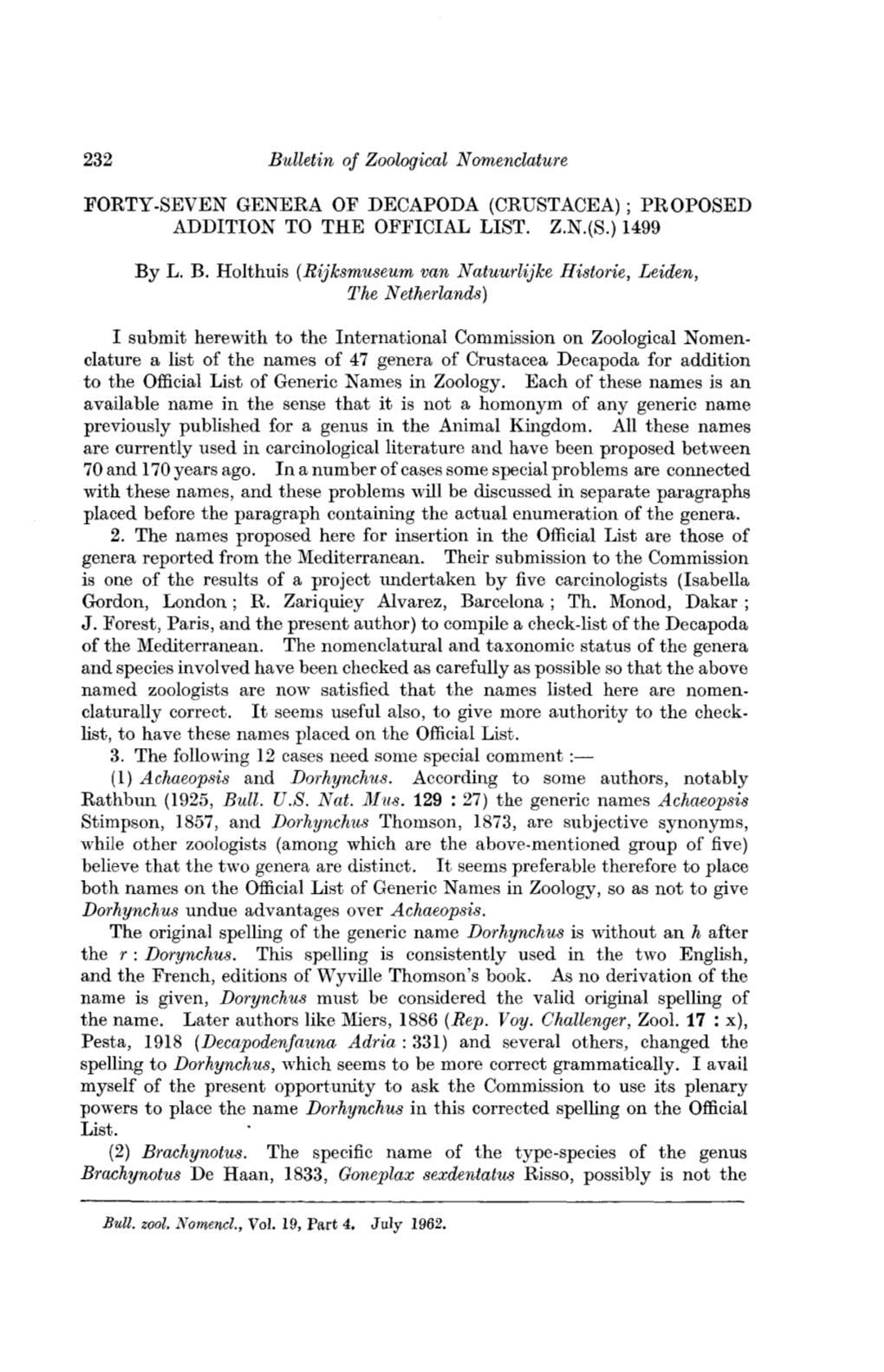 Bulletin of Zoological Nomenclature FORTY-SEVEN GENERA OF