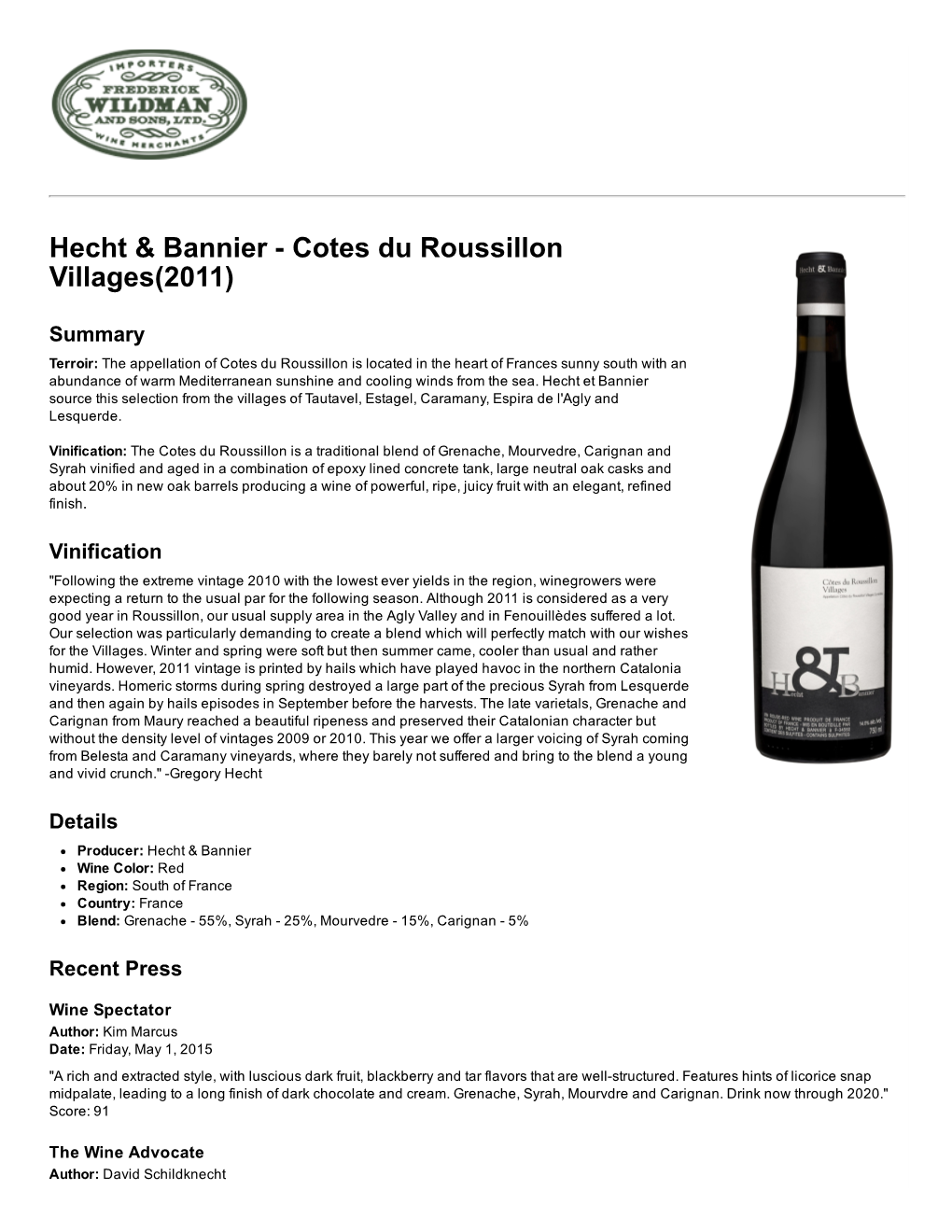 Hecht & Bannier Cotes Du Roussillon Villages(2011)