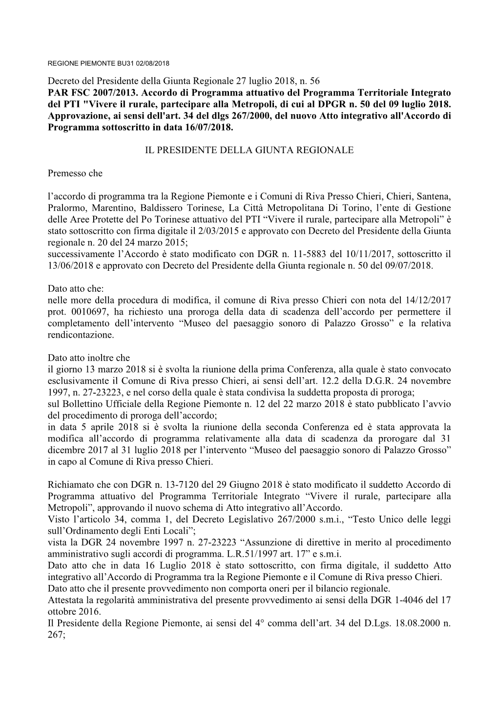 Decreto Del Presidente Della Giunta Regionale 27 Luglio 2018, N. 56 PAR FSC 2007/2013