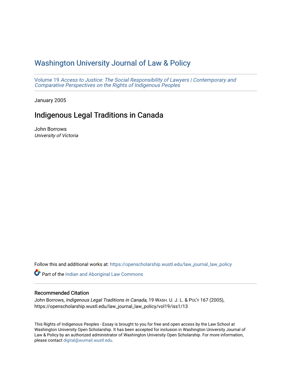 Indigenous Legal Traditions in Canada