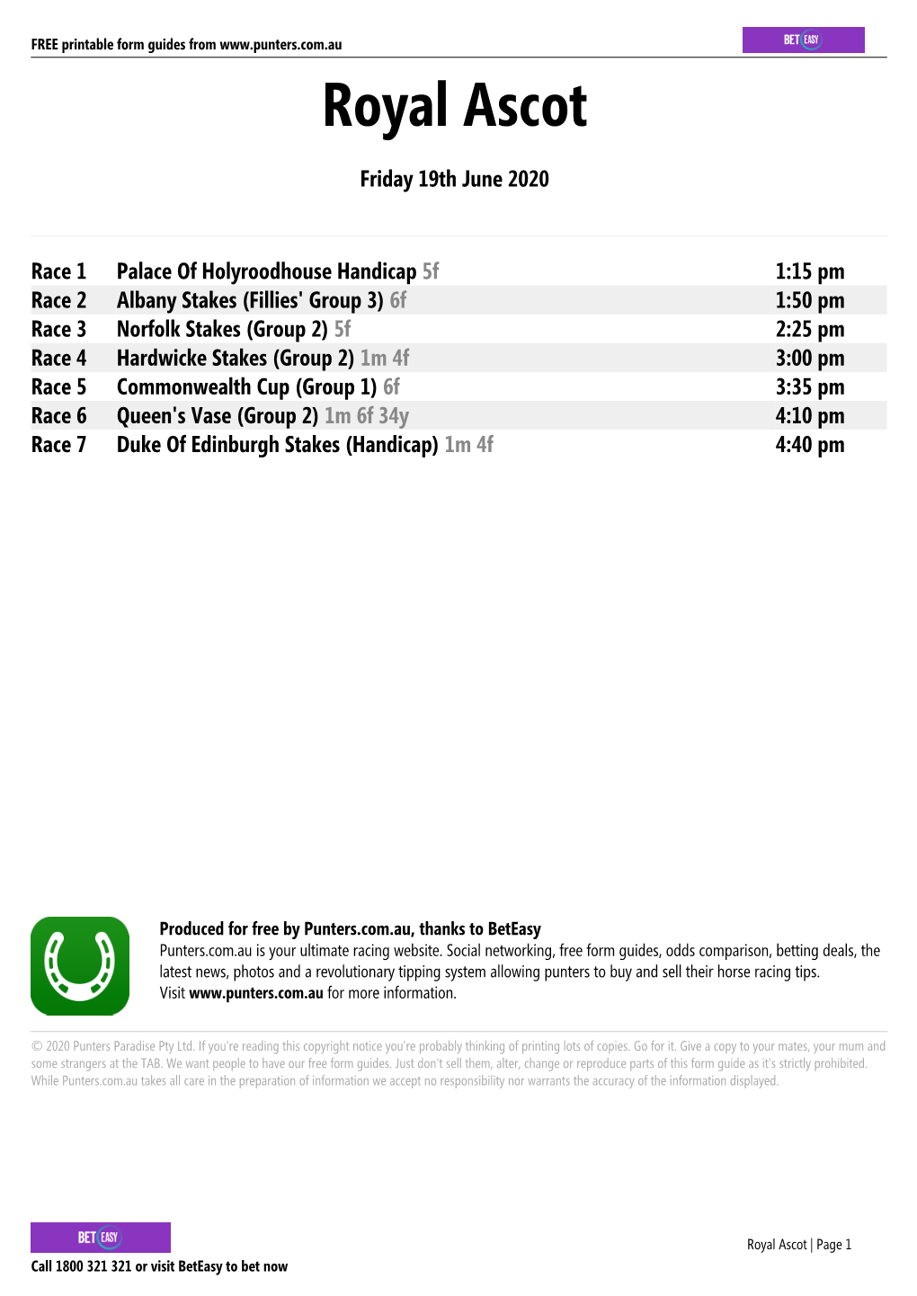 Royal Ascot Printable Form Guide