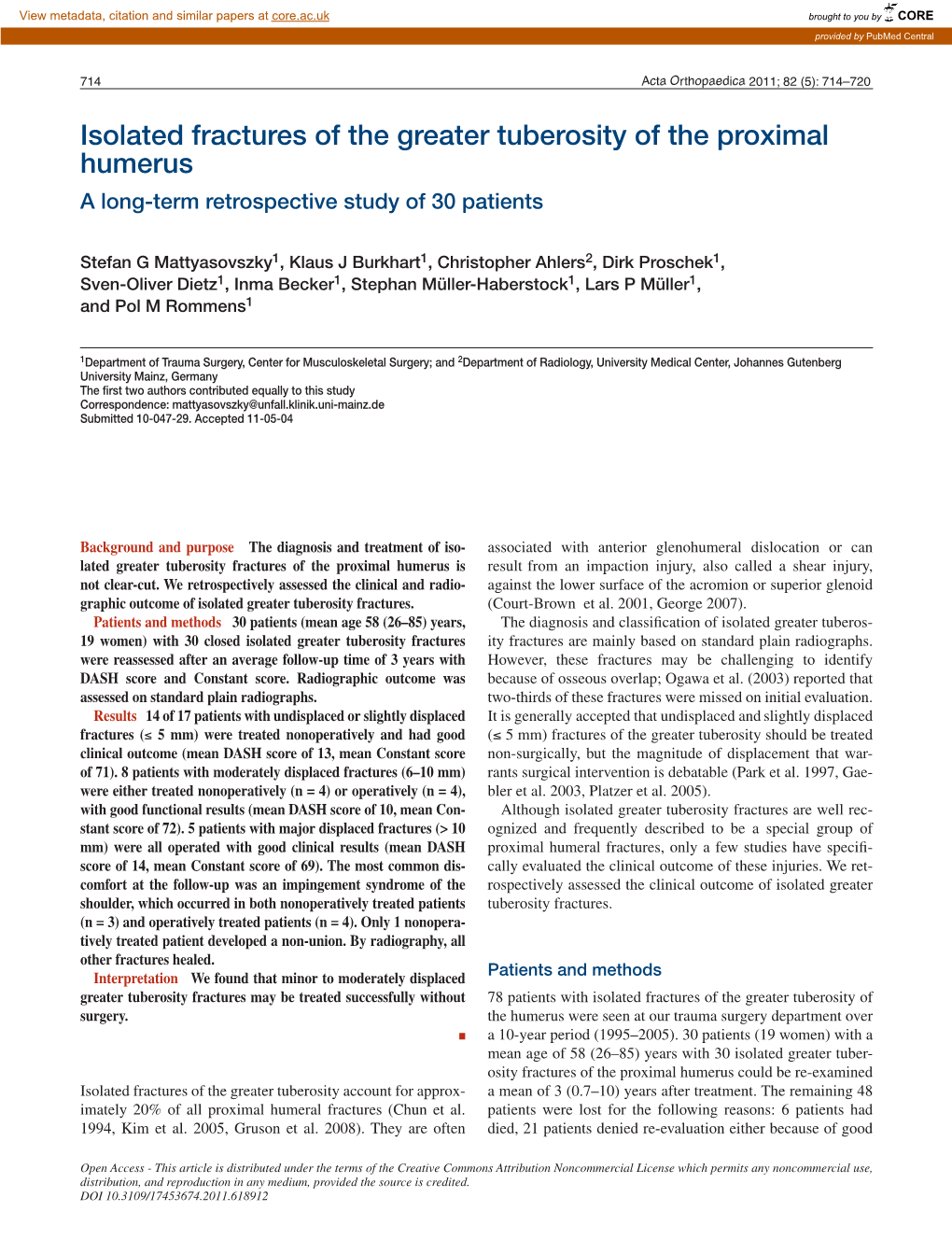 Isolated Fractures of the Greater Tuberosity of the Proximal Humerus a Long-Term Retrospective Study of 30 Patients