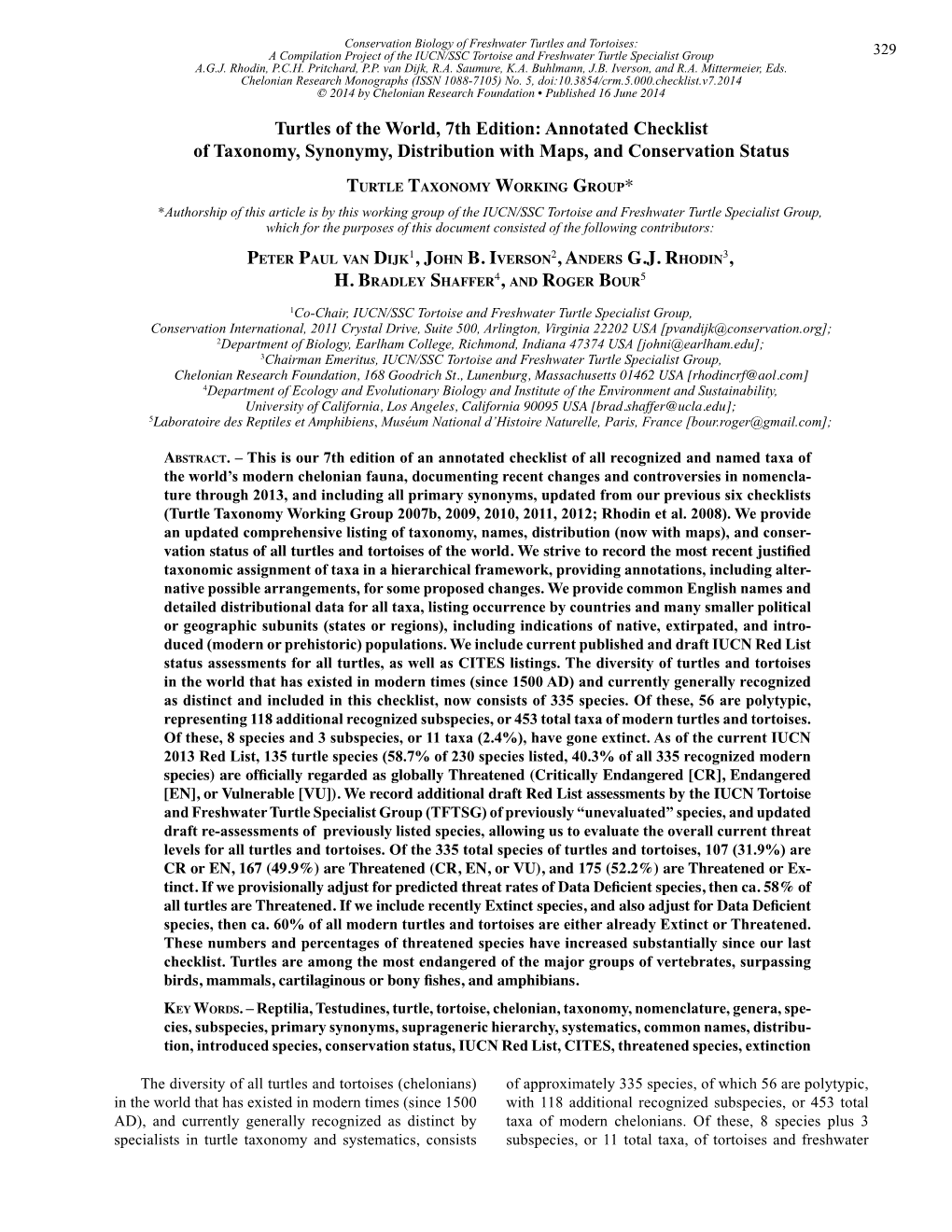 Turtles of the World, 7Th Edition: Annotated Checklist of Taxonomy, Synonymy, Distribution with Maps, and Conservation Status