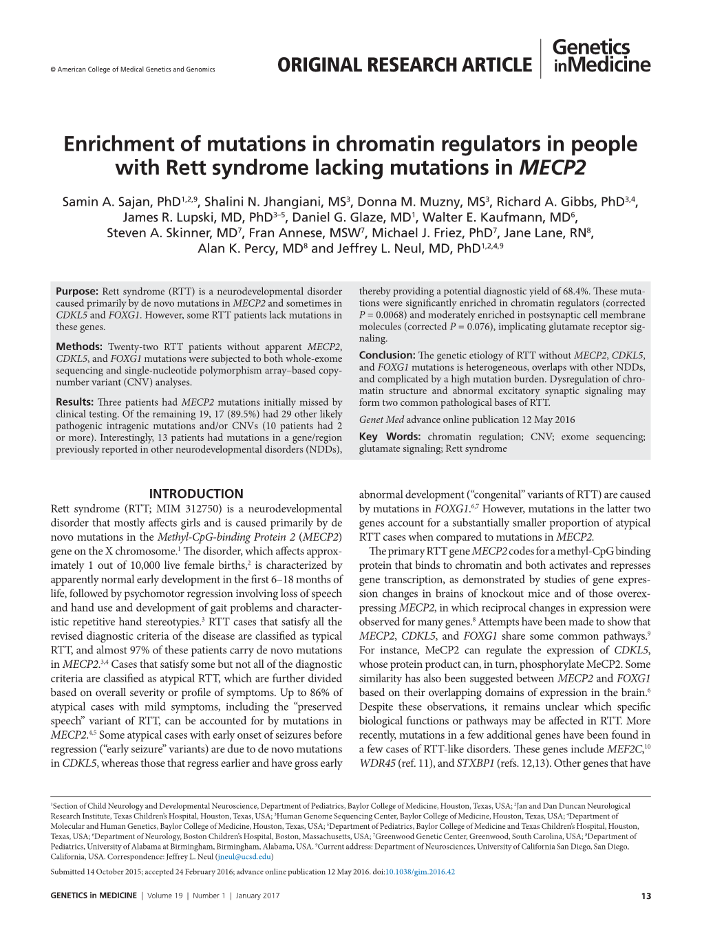 Enrichment of Mutations in Chromatin Regulators in People with Rett Syndrome Lacking Mutations in MECP2