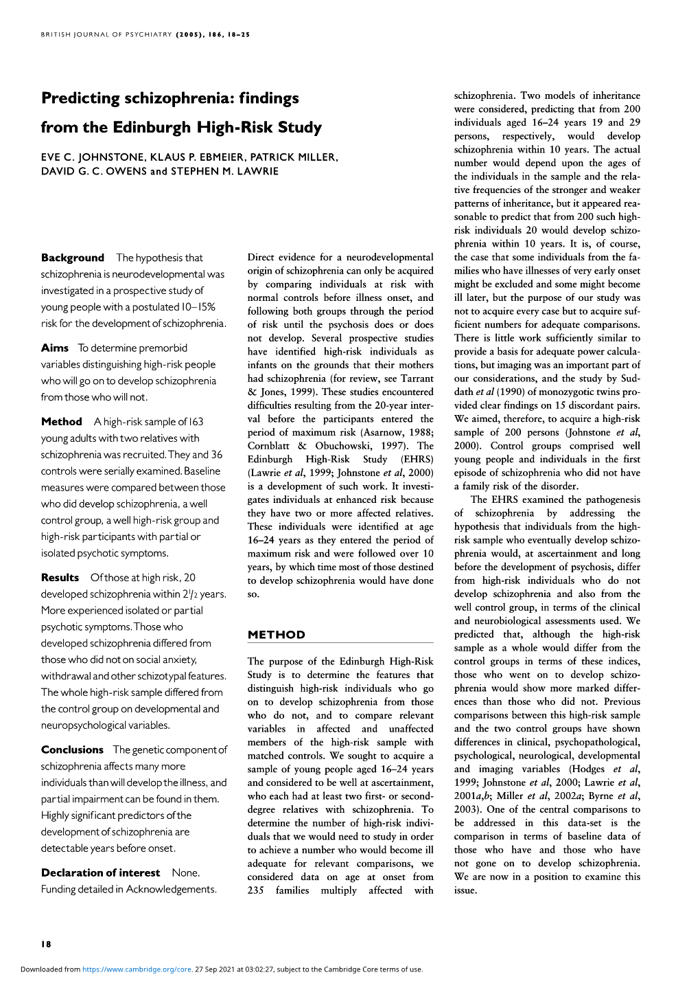 Predicting Schizophrenia: Findings from the Edinburgh High-Risk Study