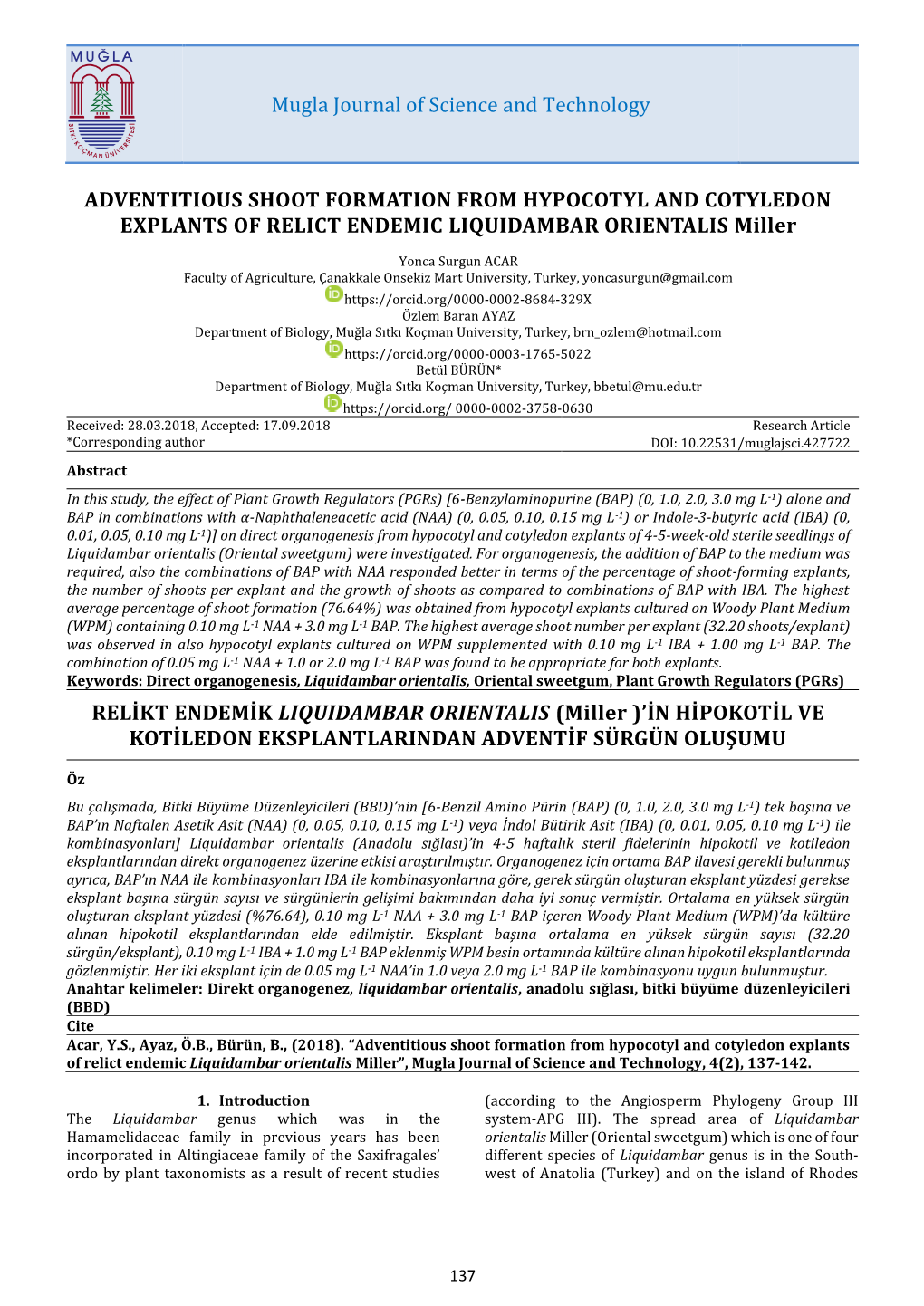 ADVENTITIOUS SHOOT FORMATION from HYPOCOTYL and COTYLEDON EXPLANTS of RELICT ENDEMIC LIQUIDAMBAR ORIENTALIS Miller