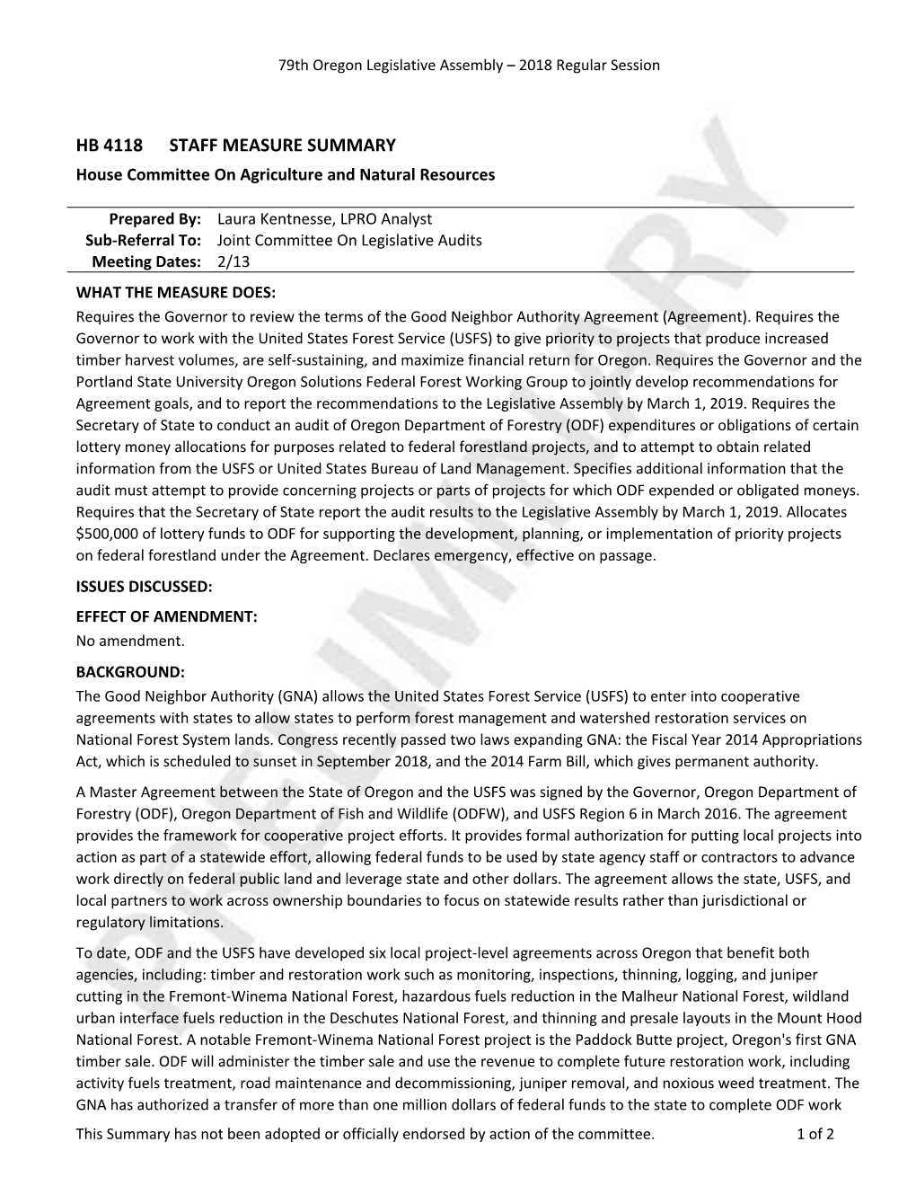 HB 4118 STAFF MEASURE SUMMARY House Committee on Agriculture and Natural Resources