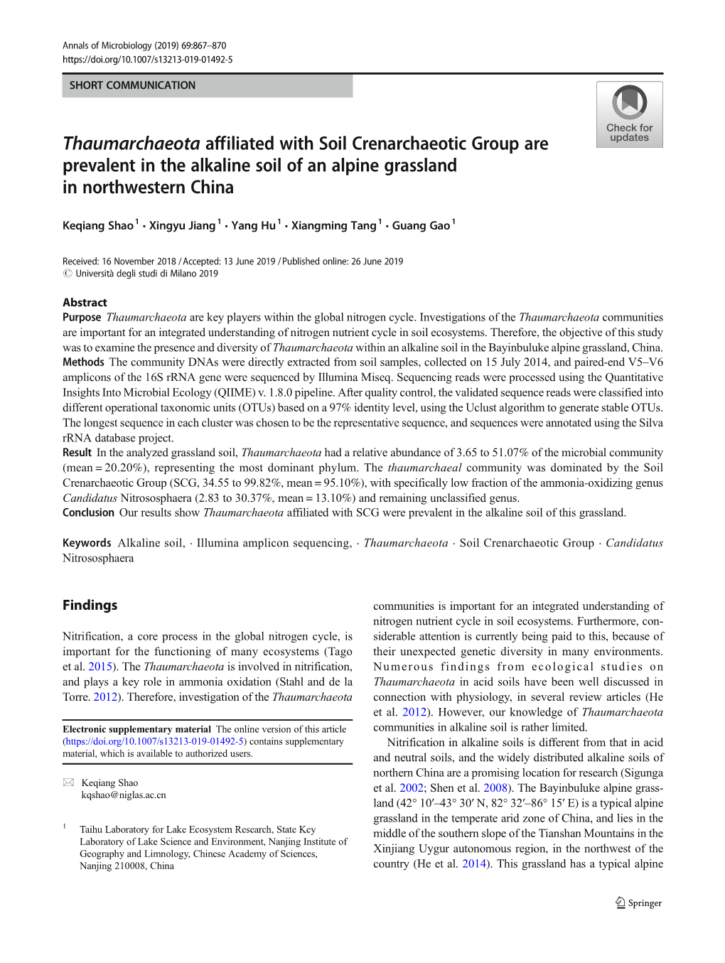 Thaumarchaeota Affiliated with Soil Crenarchaeotic Group Are Prevalent in the Alkaline Soil of an Alpine Grassland in Northwestern China