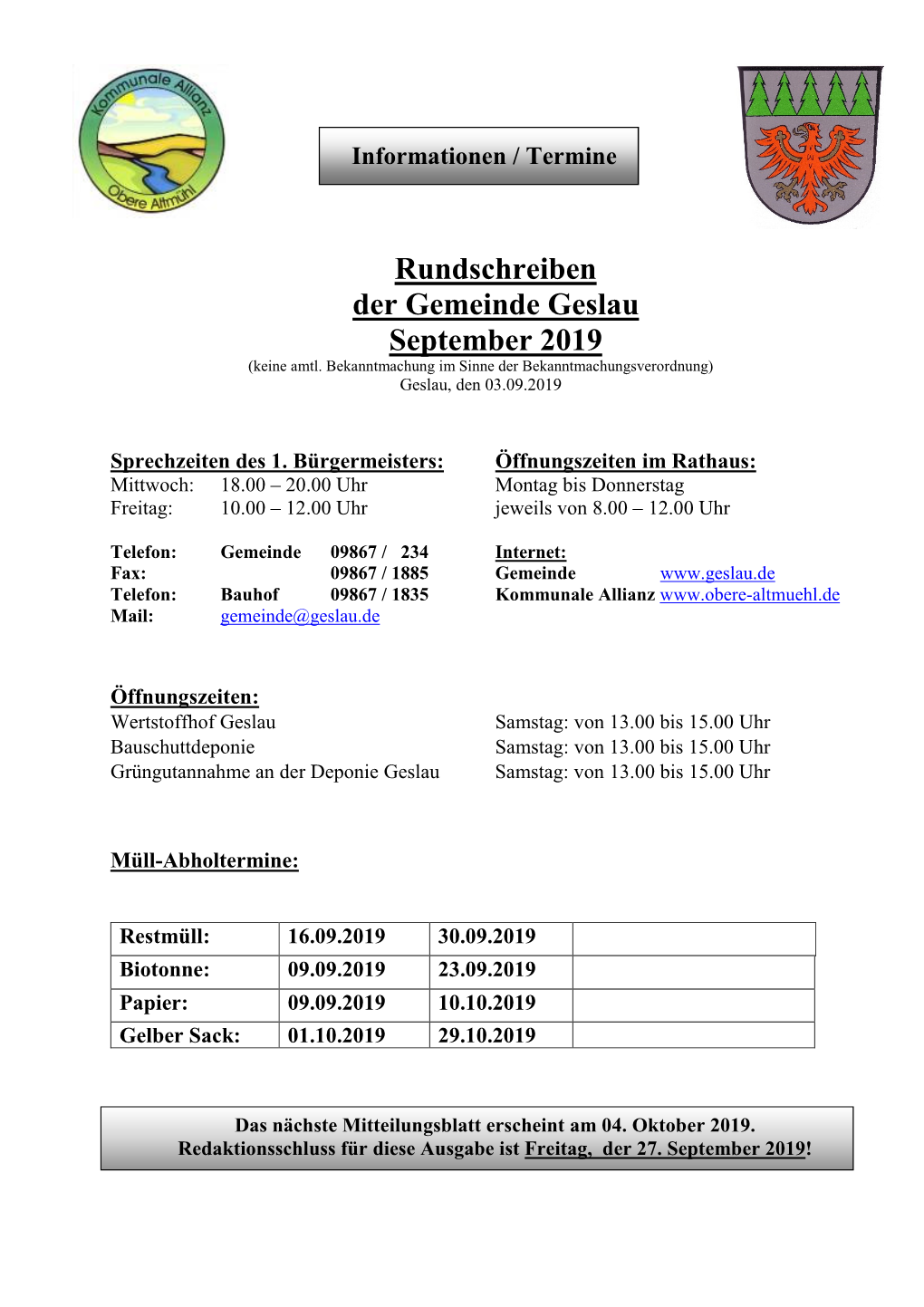 Rundschreiben Der Gemeinde Geslau September 2019 (Keine Amtl