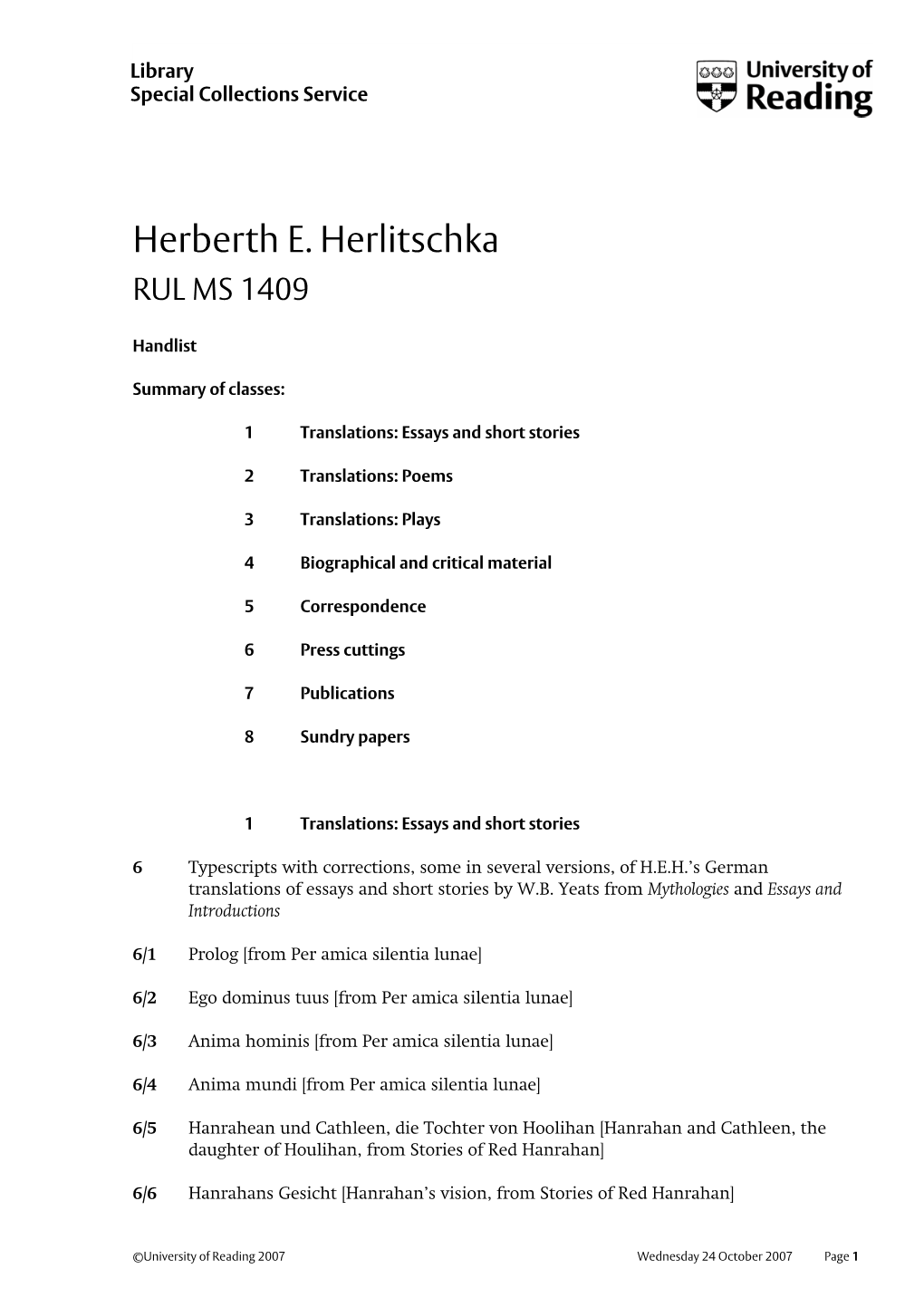 Handlist of the Herlitschka Archive