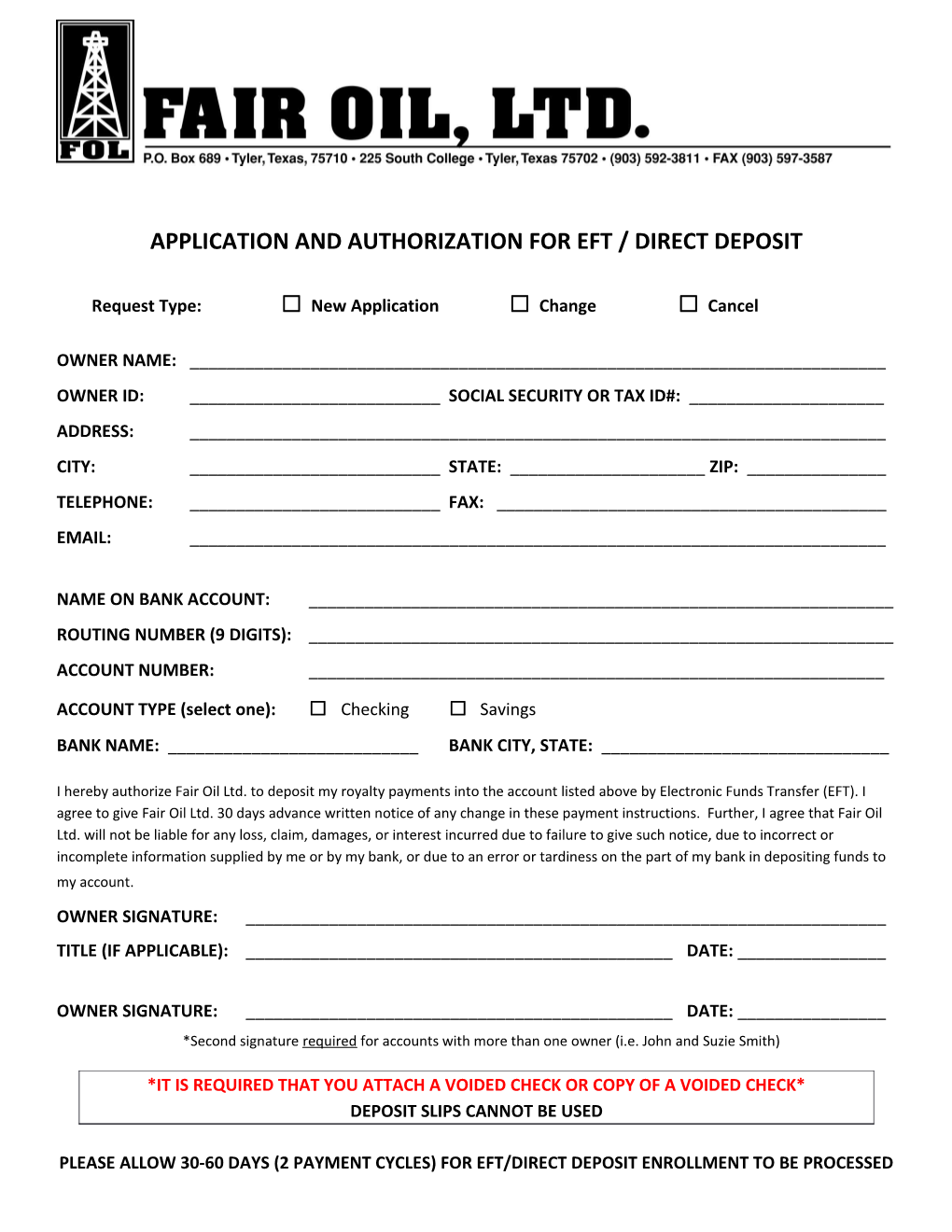 Application and Authorization for Eft / Direct Deposit