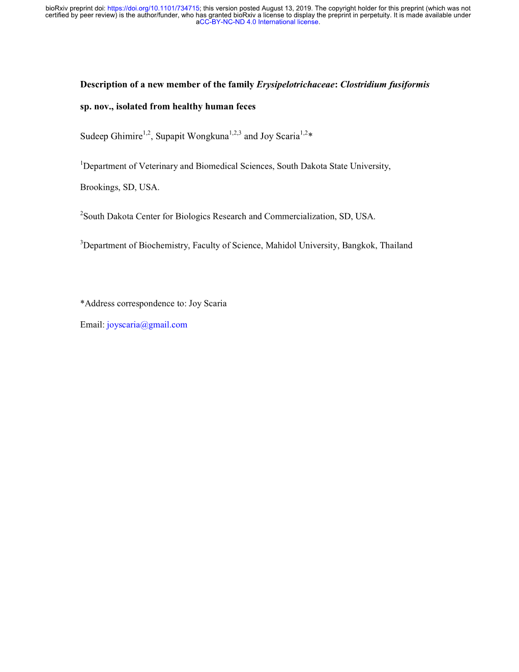 Description of a New Member of the Family Erysipelotrichaceae: Clostridium Fusiformis