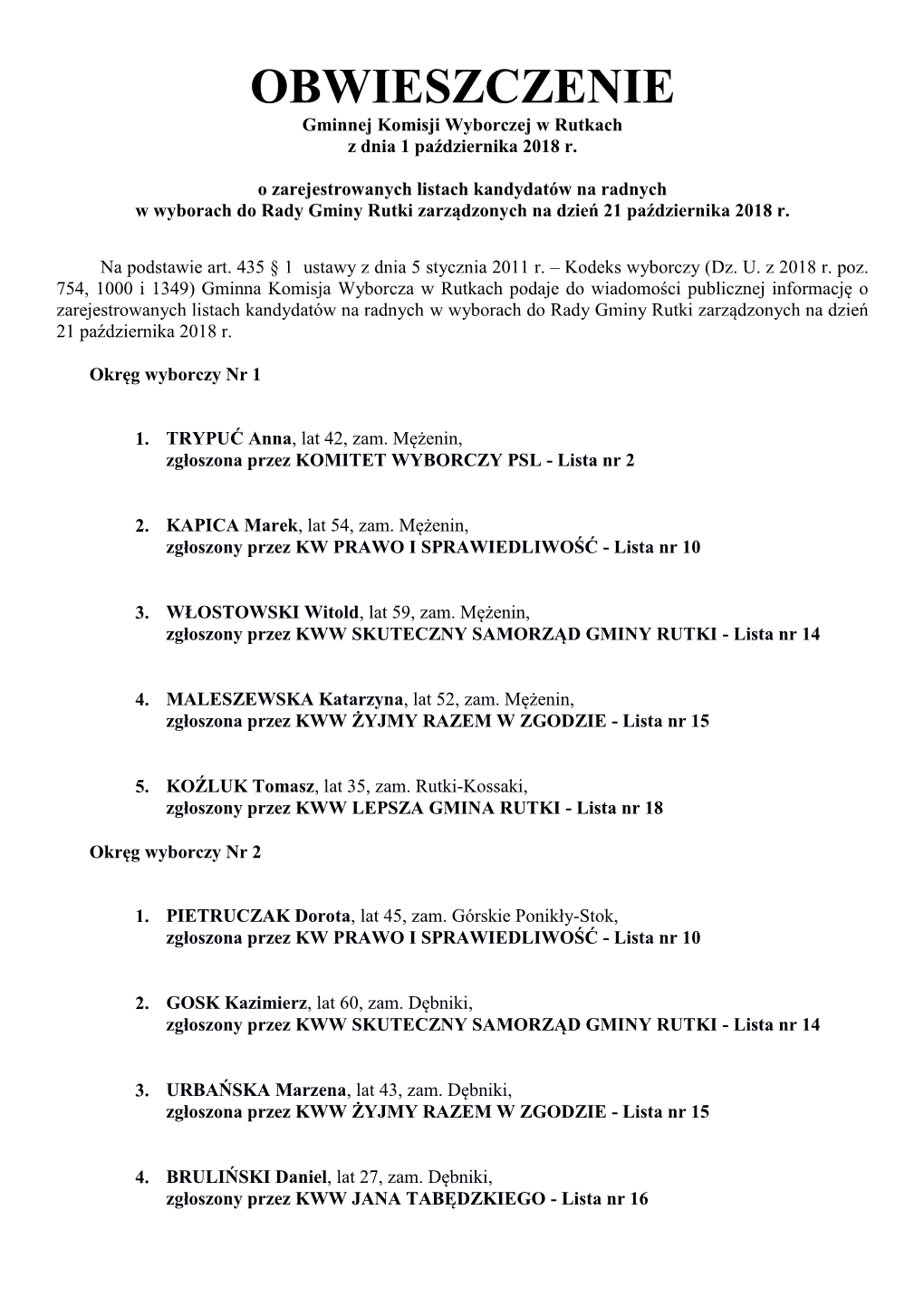 OBWIESZCZENIE Gminnej Komisji Wyborczej W Rutkach Z Dnia 1 Października 2018 R