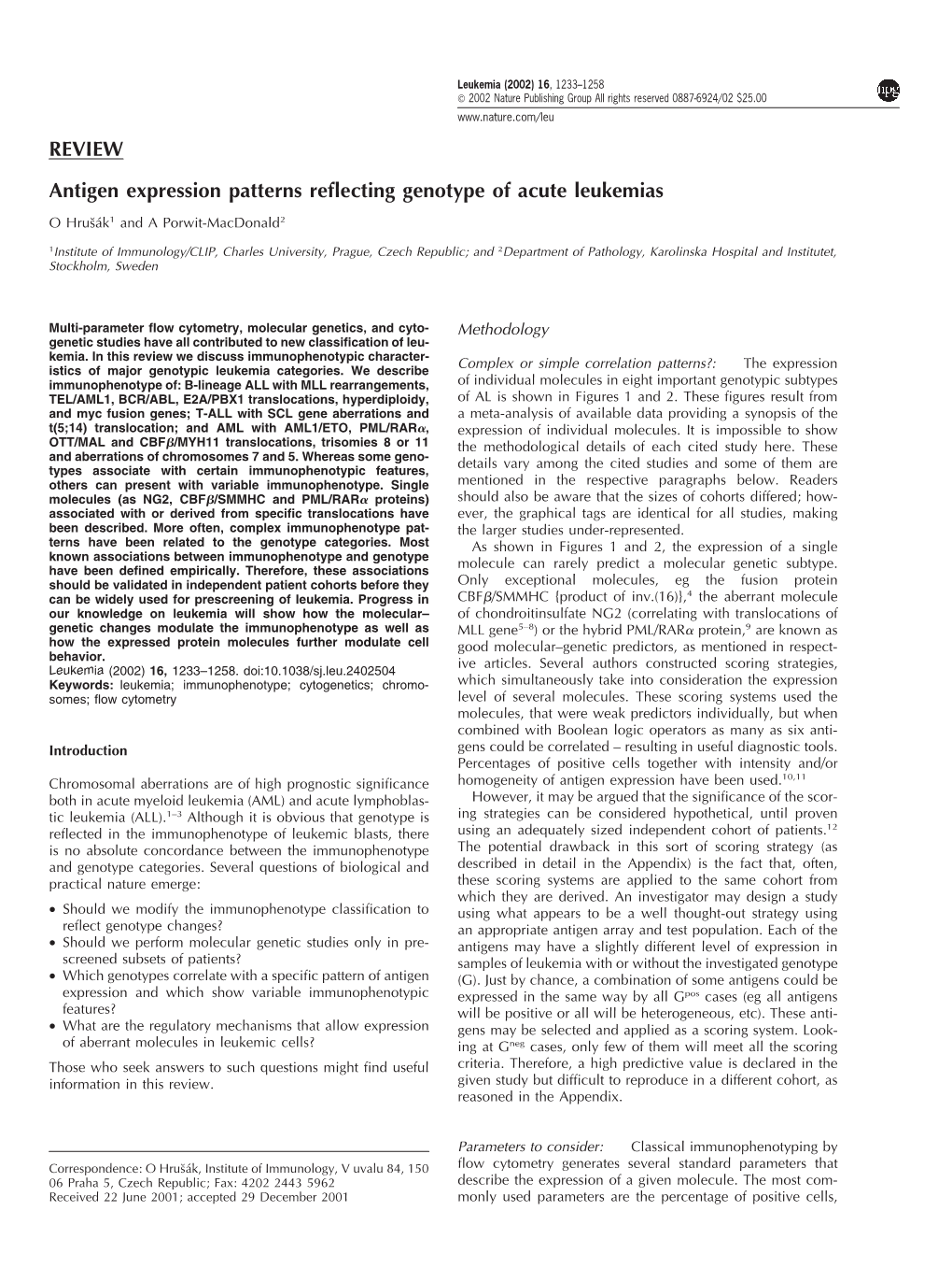 REVIEW Antigen Expression Patterns Reflecting Genotype of Acute