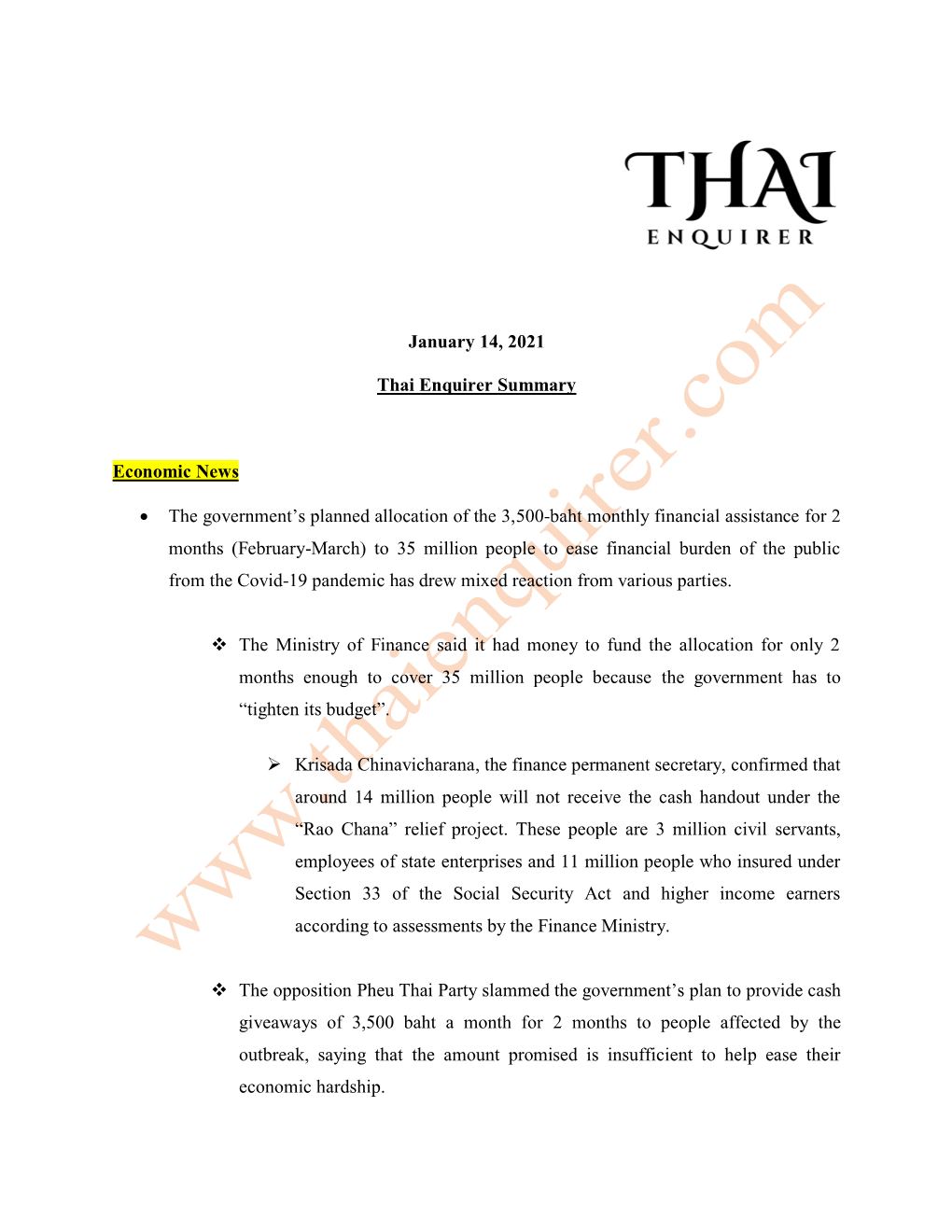 January 14, 2021 Thai Enquirer Summary Economic News • The