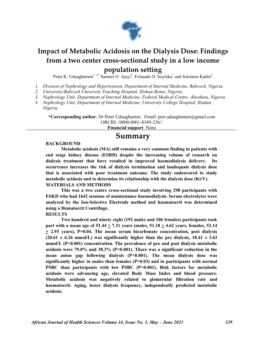 Impact of Metabolic Acidosis on the Dialysis Dose: Findings from a Two Center Cross-Sectional Study in a Low Income Population Setting Peter K